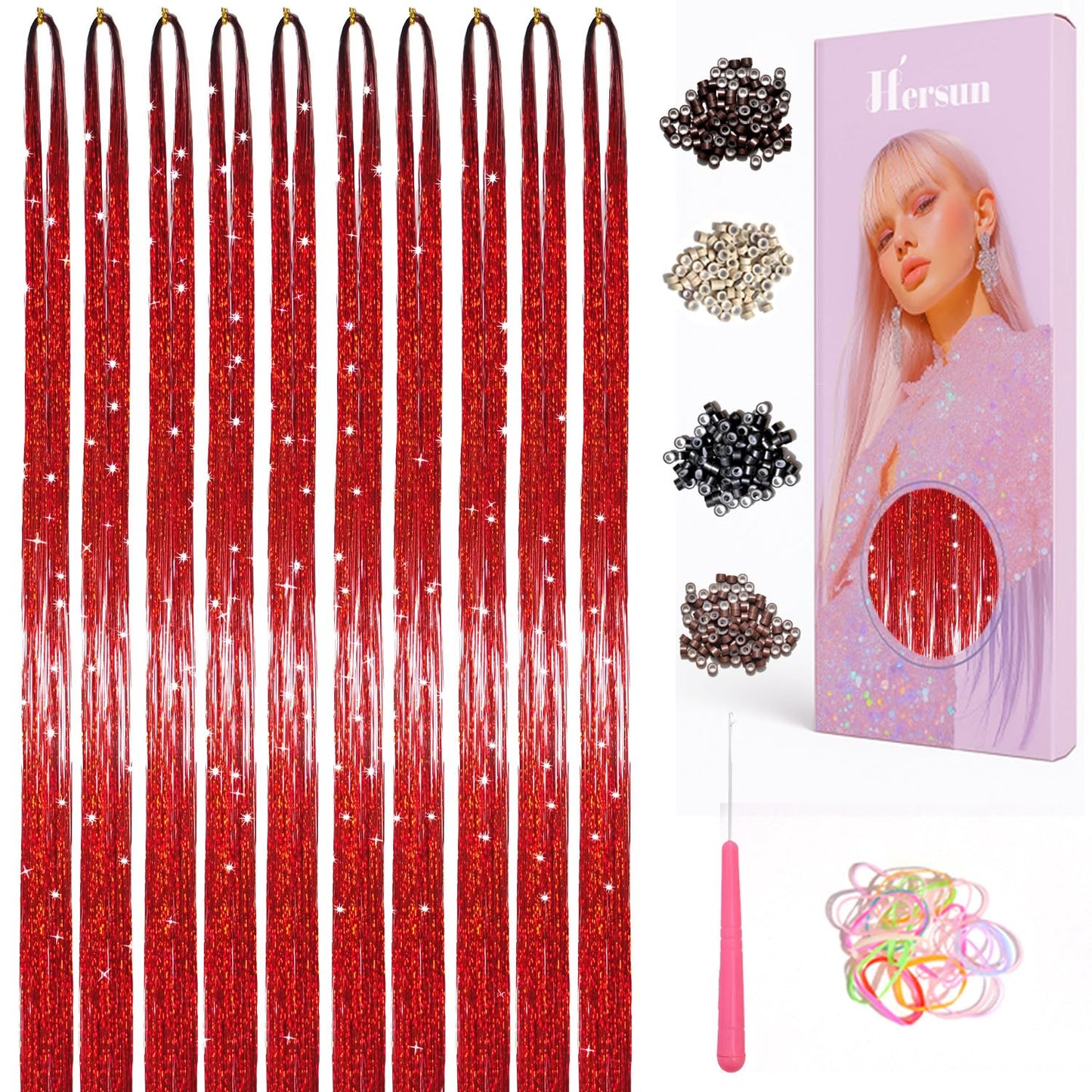 Hersun Hair Tinsel Kit - 10 Colors, 3200 Strands, 48in | Heat-Resistant Fairy Hair Extensions for Parties & Festivals