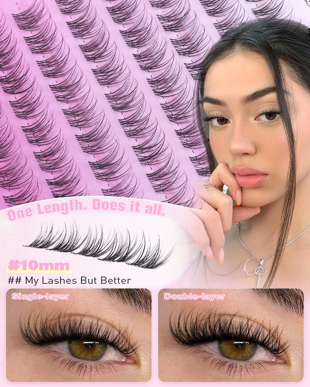 Natural Lash Clusters - 10mm Wispy Eyelash Extensions | C Curl Individual Lashes with Clear Band for Daily Wear