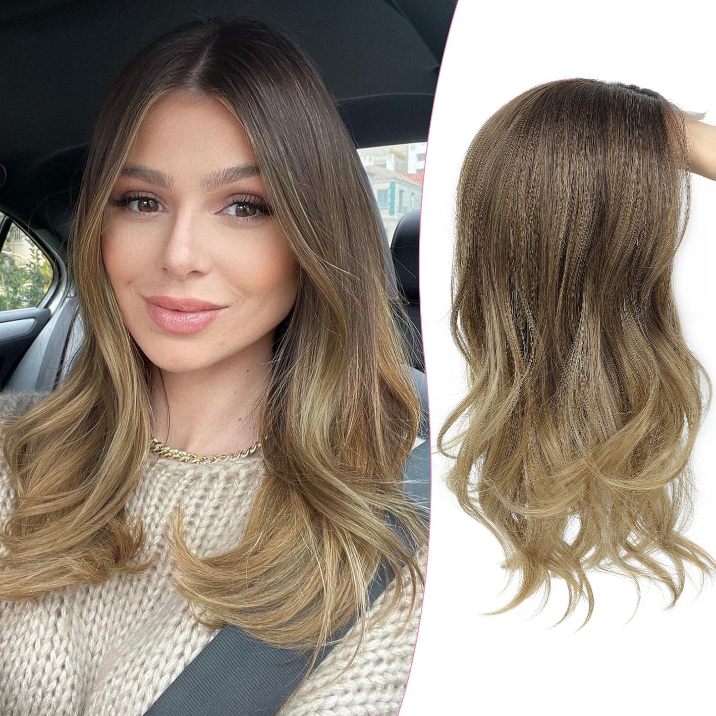 18 Inch Body Wavy Hair Topper for Women - Synthetic Clip-In, Natural Part, Dark Brown Root to Blonde Ombre with Highlights