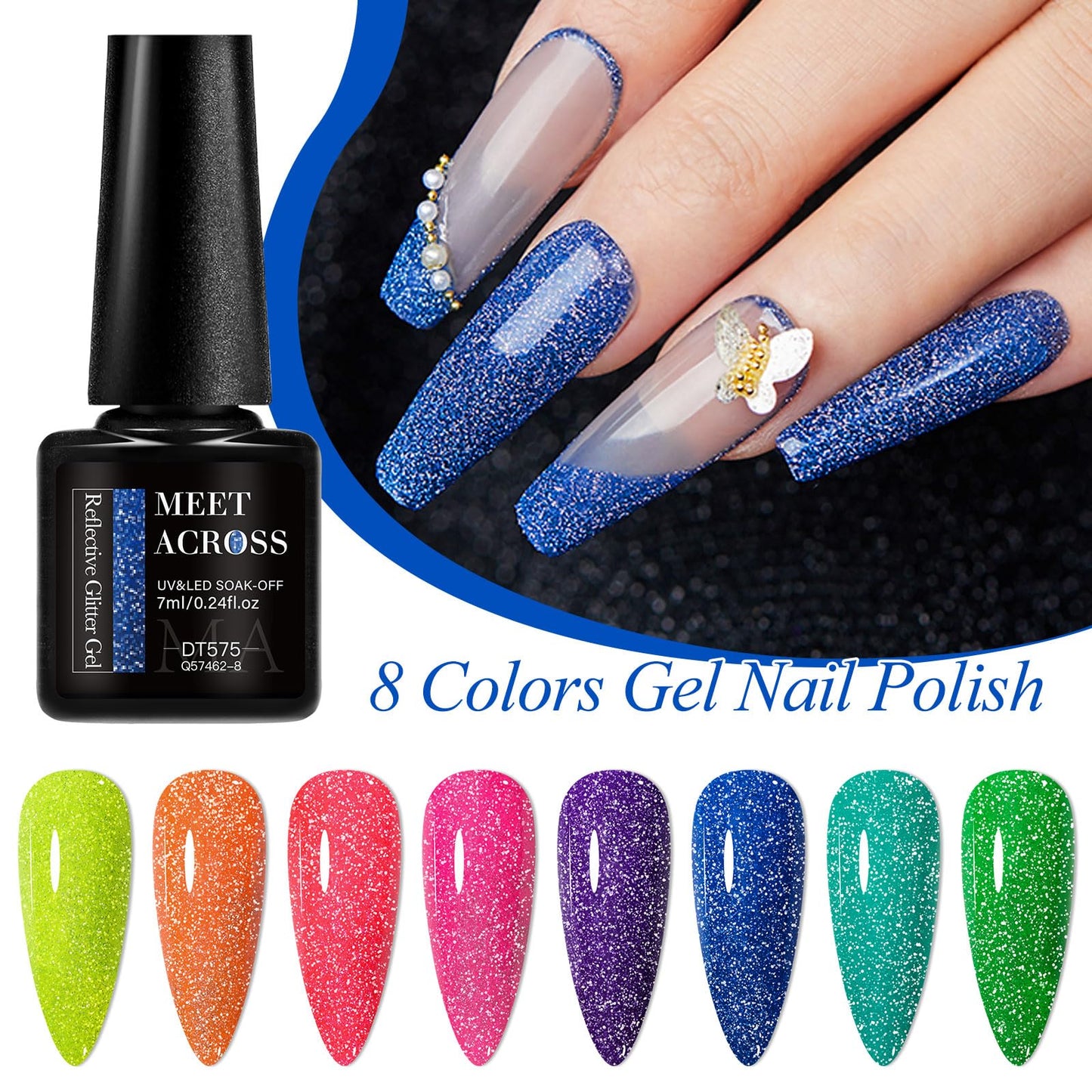 MEET ACROSS 8Pcs Neon Glitter Gel Nail Polish Set, Fluorescent Gel Polish Pink/Lavender/Orange/Green Fluorescent Shades Nail Polish for Daily & Holiday DIY Salon