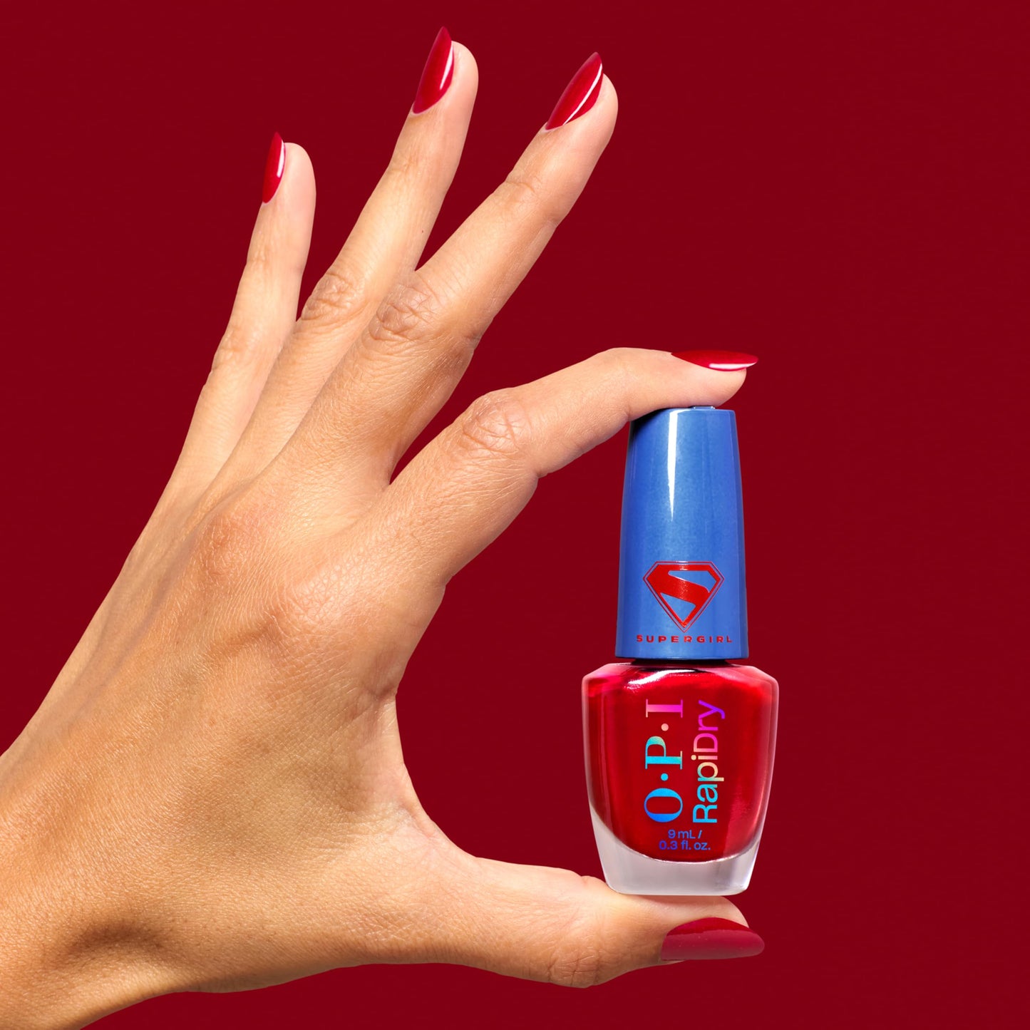 OPI RapiDry Battle Red-y | Opaque Bright Warm Red Shimmer Chip Resistant Nail Polish x Supergirl Collection