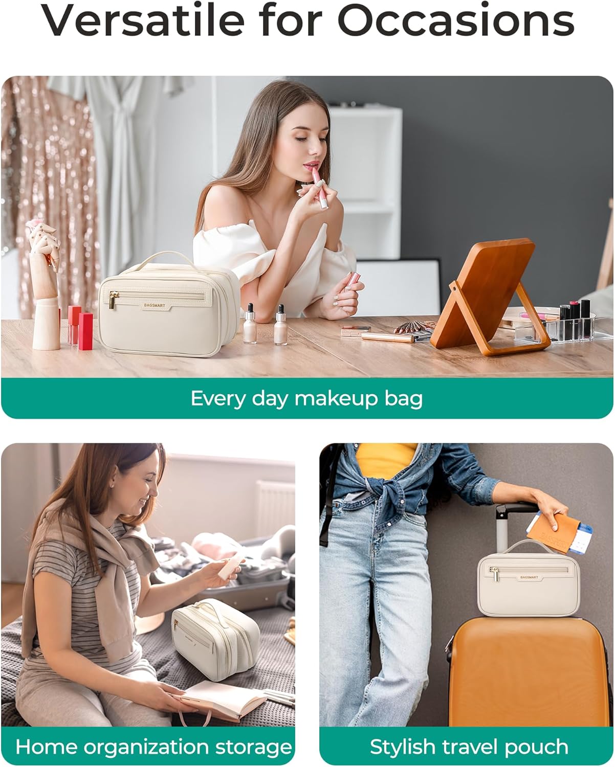 Travel Makeup Bag - Durable Compact Organizer with Multiple Compartments | Beige Cosmetic Case for Women
