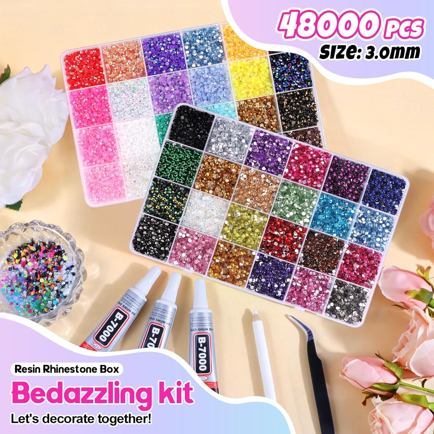 Resin Jelly Rhinestones - 48,000 Pcs 3mm Flatback Gems for DIY Crafting | 48 Colors with Glue, Tweezers & Pick-Up Pen