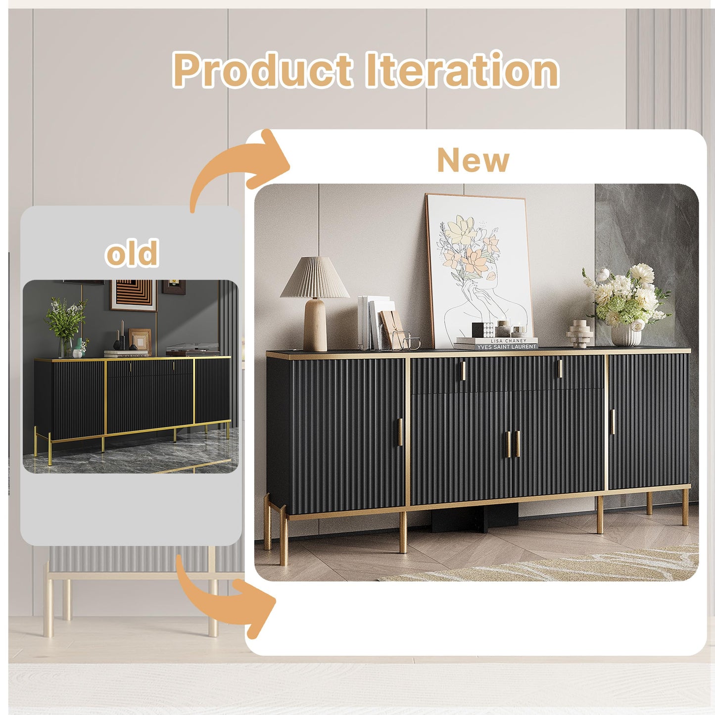 oneinmil 60” Modern Sideboard Buffet Cabinet, Fluted Storage Sideboard with Adjustable Shelves & Pop-Up Doors, Multifunctional Accent Cabinet for Kitchen, Living Room, Hallway, Black and Gold