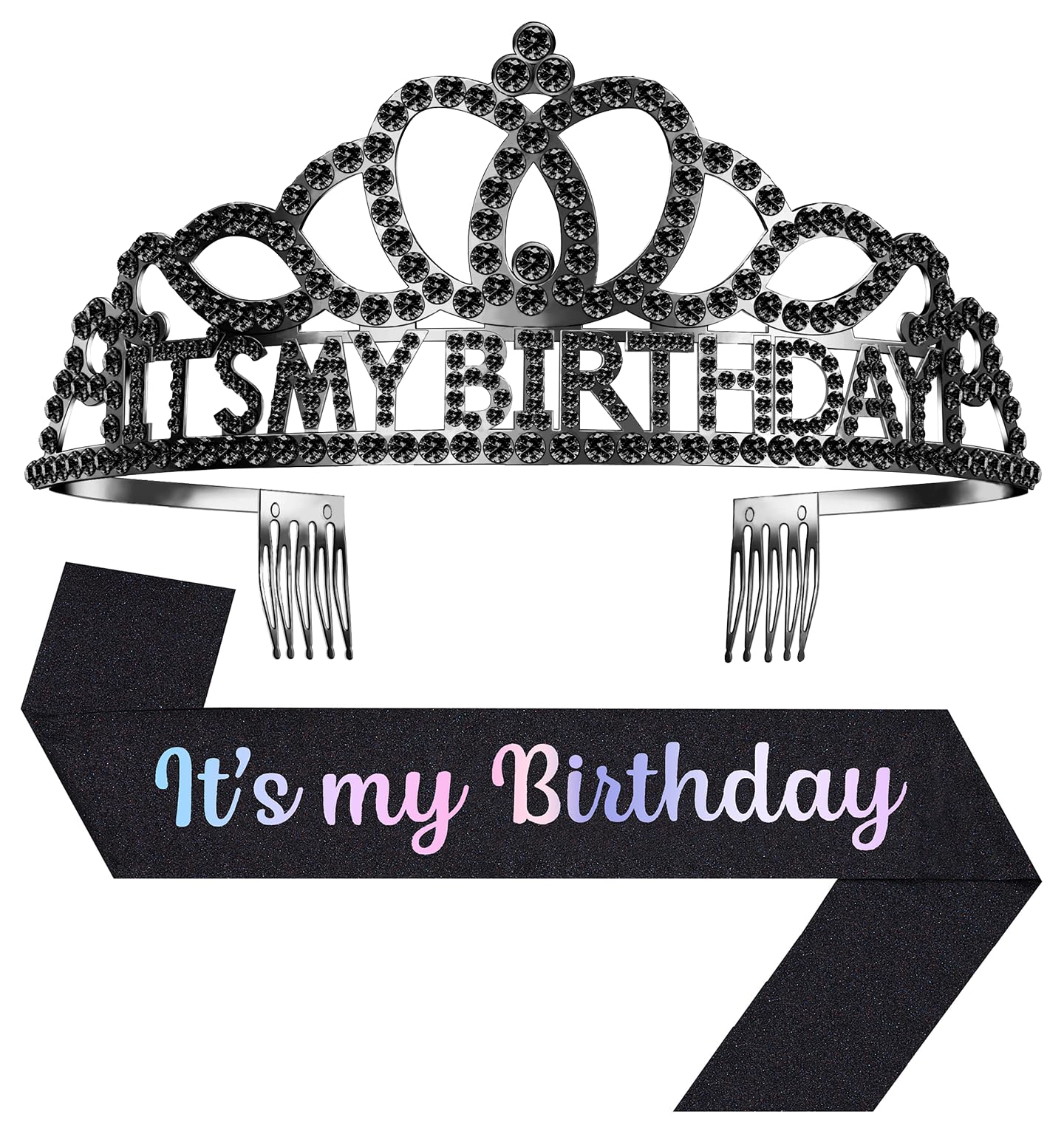 Papoopy Birthday Tiara and Crown with Sash, Birthday Tiara for Women Party Black