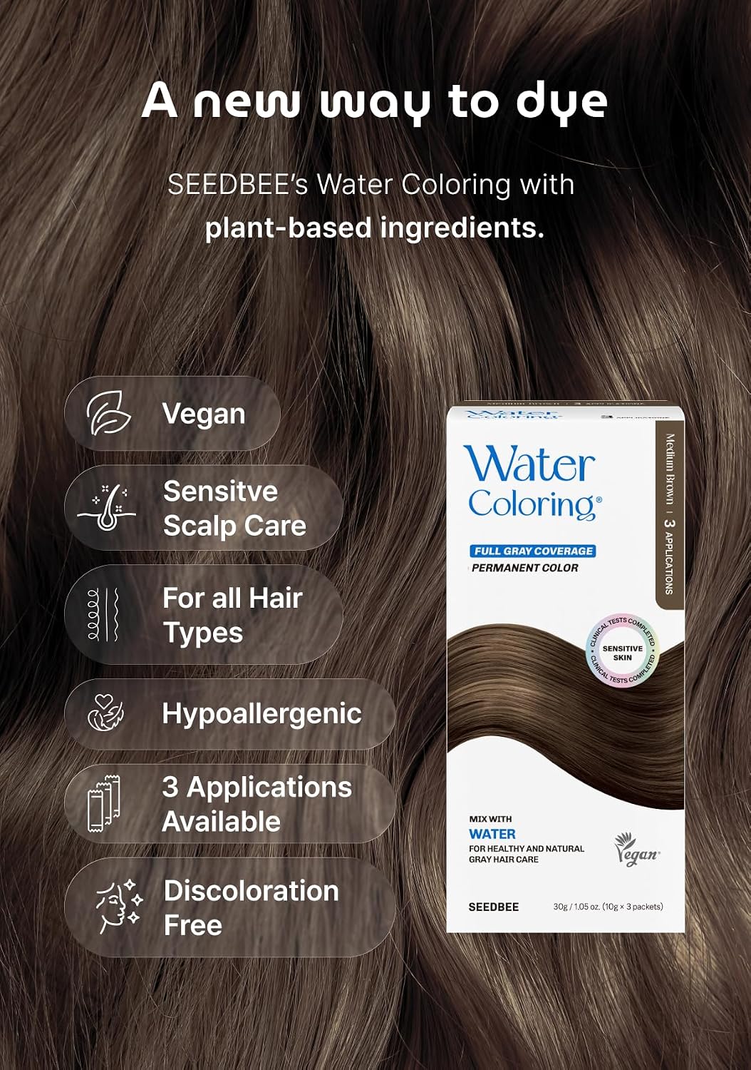 Korean Permanent Hair Dye Kit - Medium Brown Powder Color for Gray Coverage | Vegan Plant-Based Formula, Easy Application