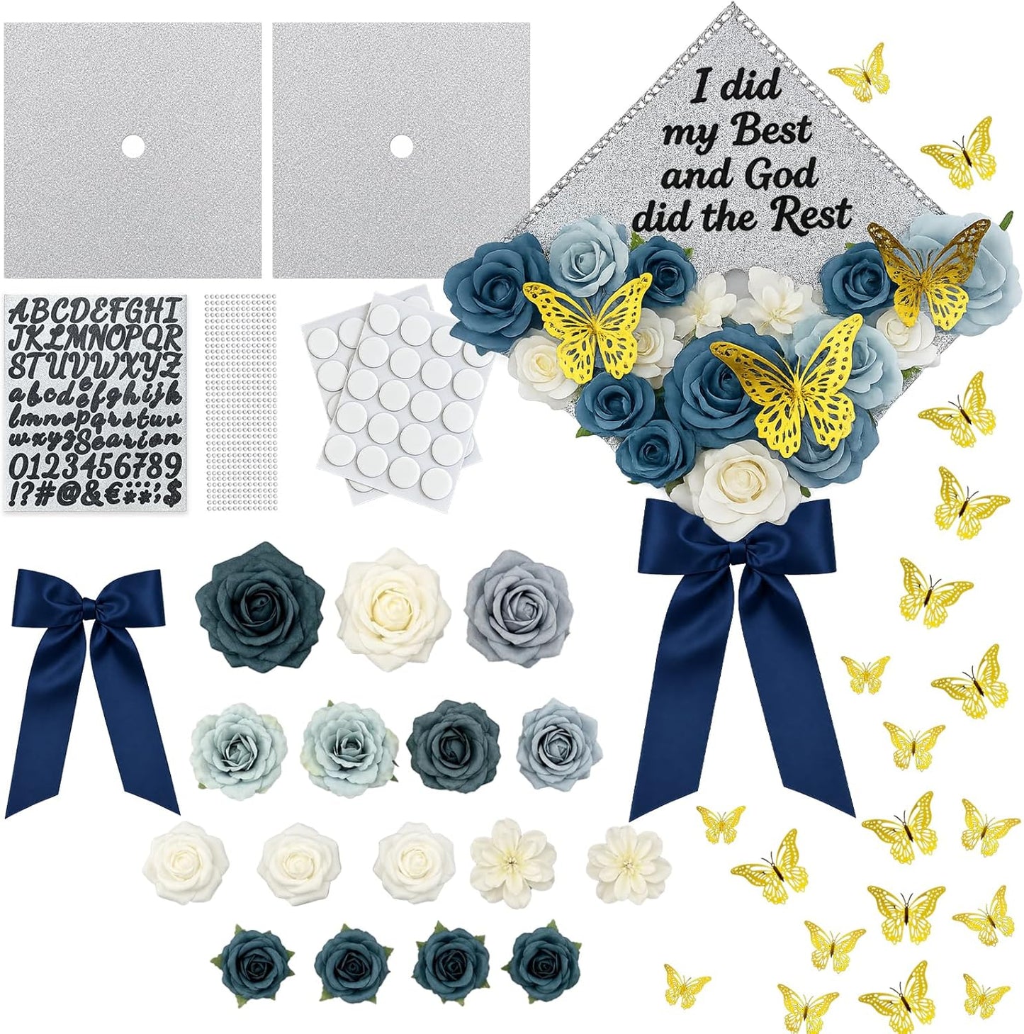 DIY Graduation Cap Decoration Kit - Faux Rose Flower Heads & 3D Butterfly Glitter Stickers | Black Grad Cap Topper