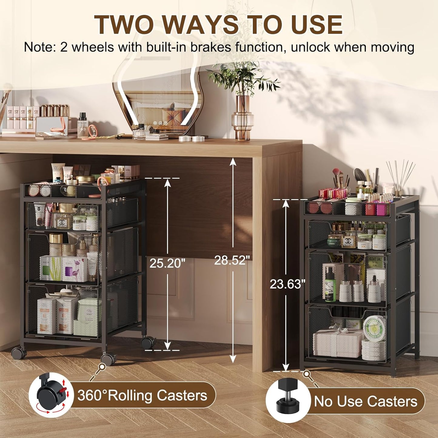 Rolling Makeup Cart Organizer - 3 Drawer Cosmetics Storage with Wheels | Versatile Vanity Organizer for Skincare & Beauty Tools - Black