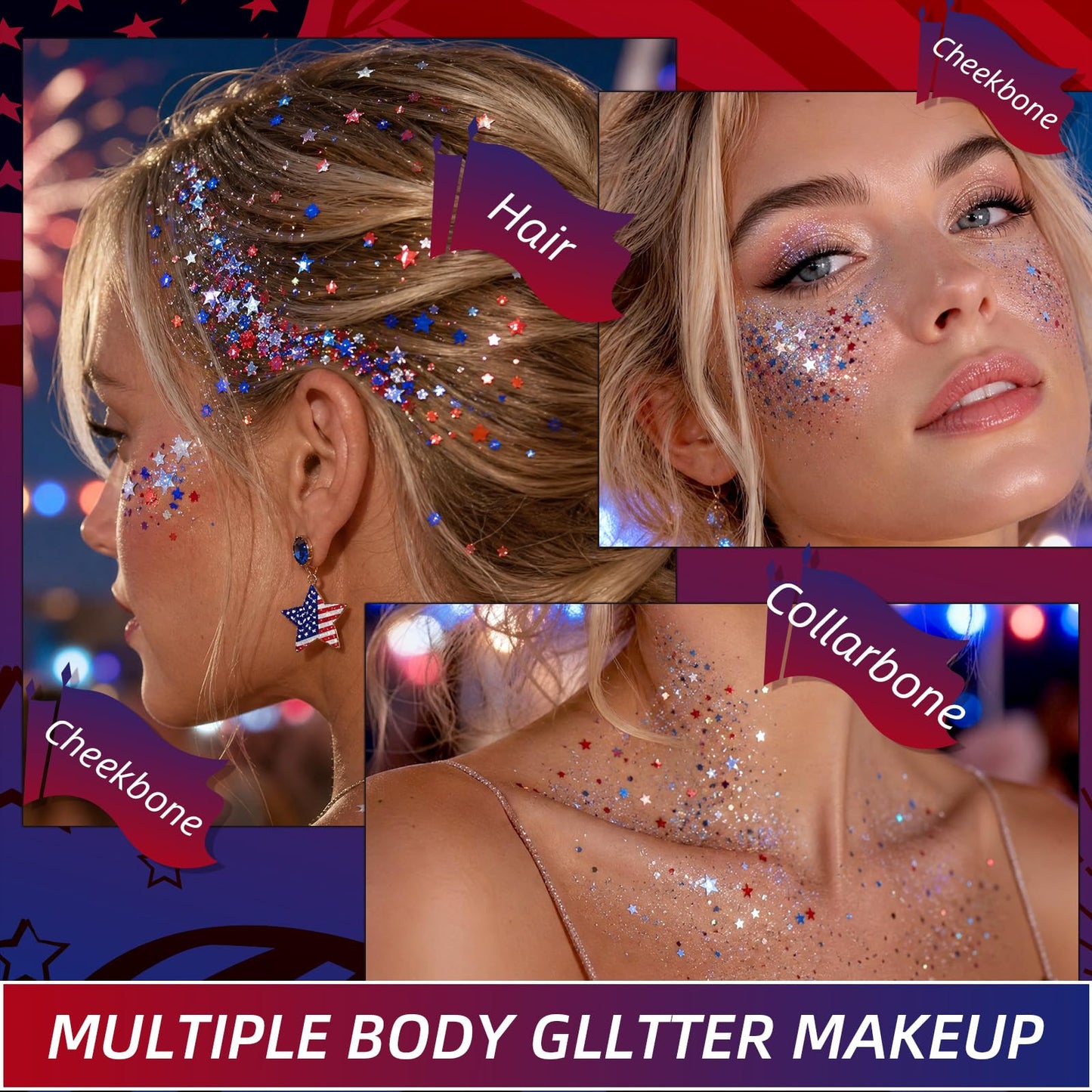 KAICOERLY Patriotic Glitter Stick for Face and Body – Red White and Blue Chunky Sequins, 4th of July Accessories for Women, President's Day Gifts, USA 250th Anniversary Merchandise #13