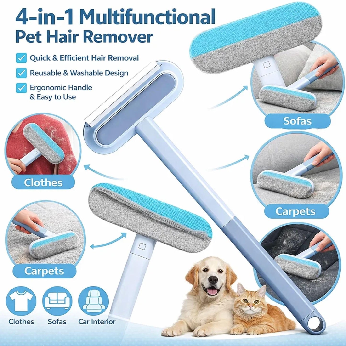 Smakpro Cat Hair Remover Gloves with 19" Adjustable Handle Brush - Five Finger Magic Gloves | Reusable Pet Fur Remover Mitt | Dog Hair Removal Electrostatic Tool for Lundry Carpet Bedding Clothes