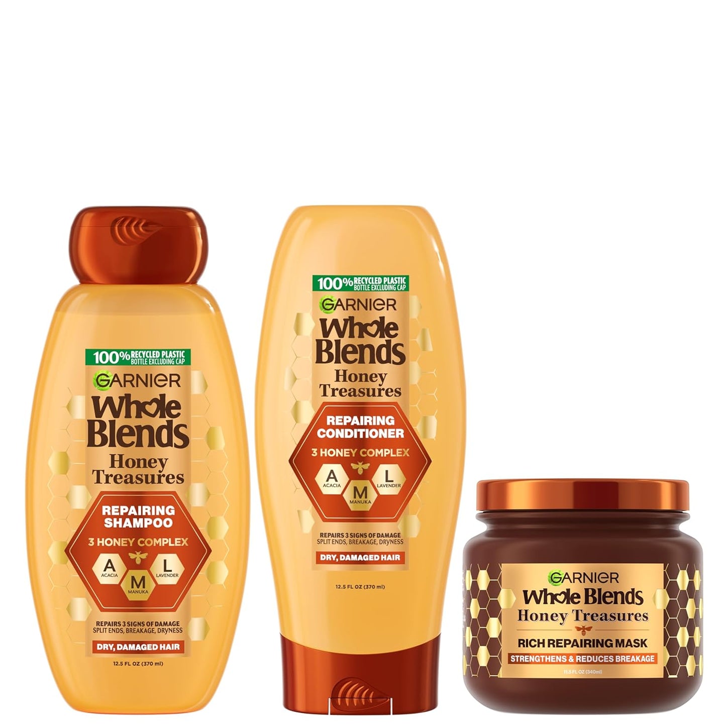 Garnier Whole Blends Honey Treasures Repairing Shampoo & Conditioner Set | For Dry, Damaged Hair (3 Items)