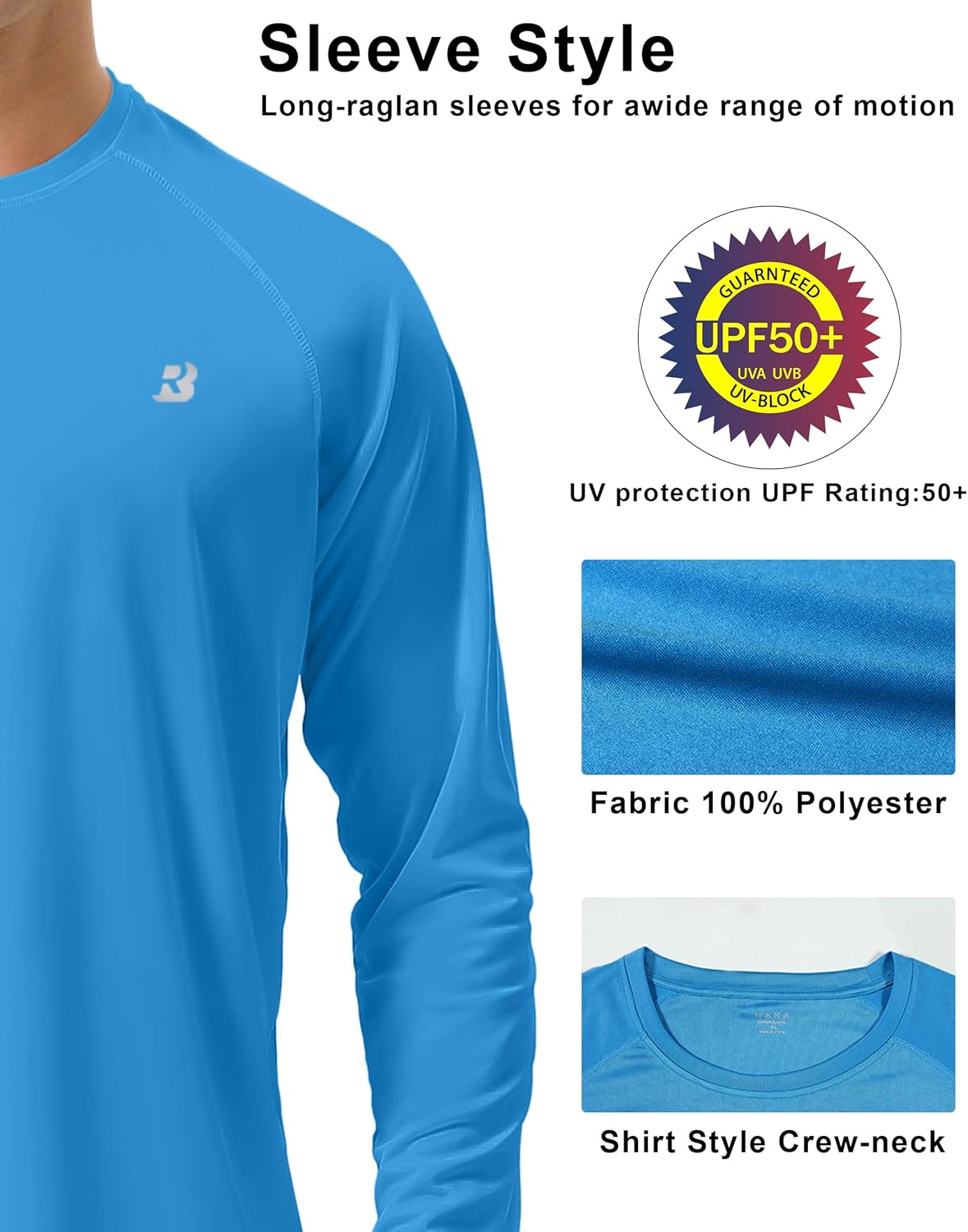 Men's UPF 50+ UV Sun Protection Long Sleeve Shirt - SPF Rash Guard for Fishing, Hiking & Running
