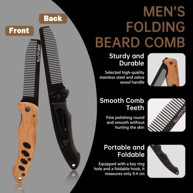 1PC Small Folding Pocket Beard & Mustache & Hair Styling Comb for Men - Metal Tactical Grooming Tool with Wooden Handle for Travel & Home Use - Idea for Stocking Stuffers - Length 6.57inch - Black