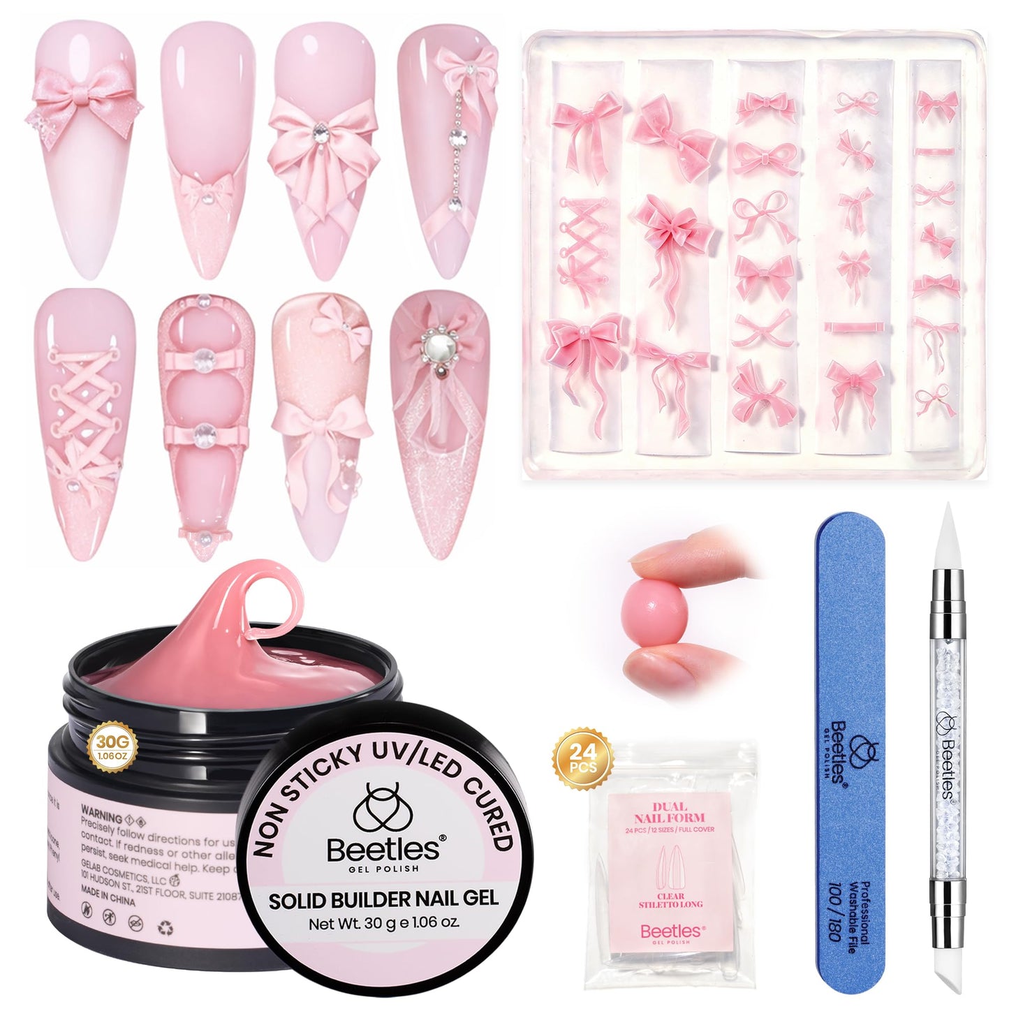 Beetles 3D Gel Nail Art with 3D Mold,Pink Solid Builder Nail Gel,Non-Sticky Sculpting 3D Nails & Dual-Ended Sculpture Pen & Stiletto Dual From, Beginner Friendly DIY at Home,Ballet Whisper