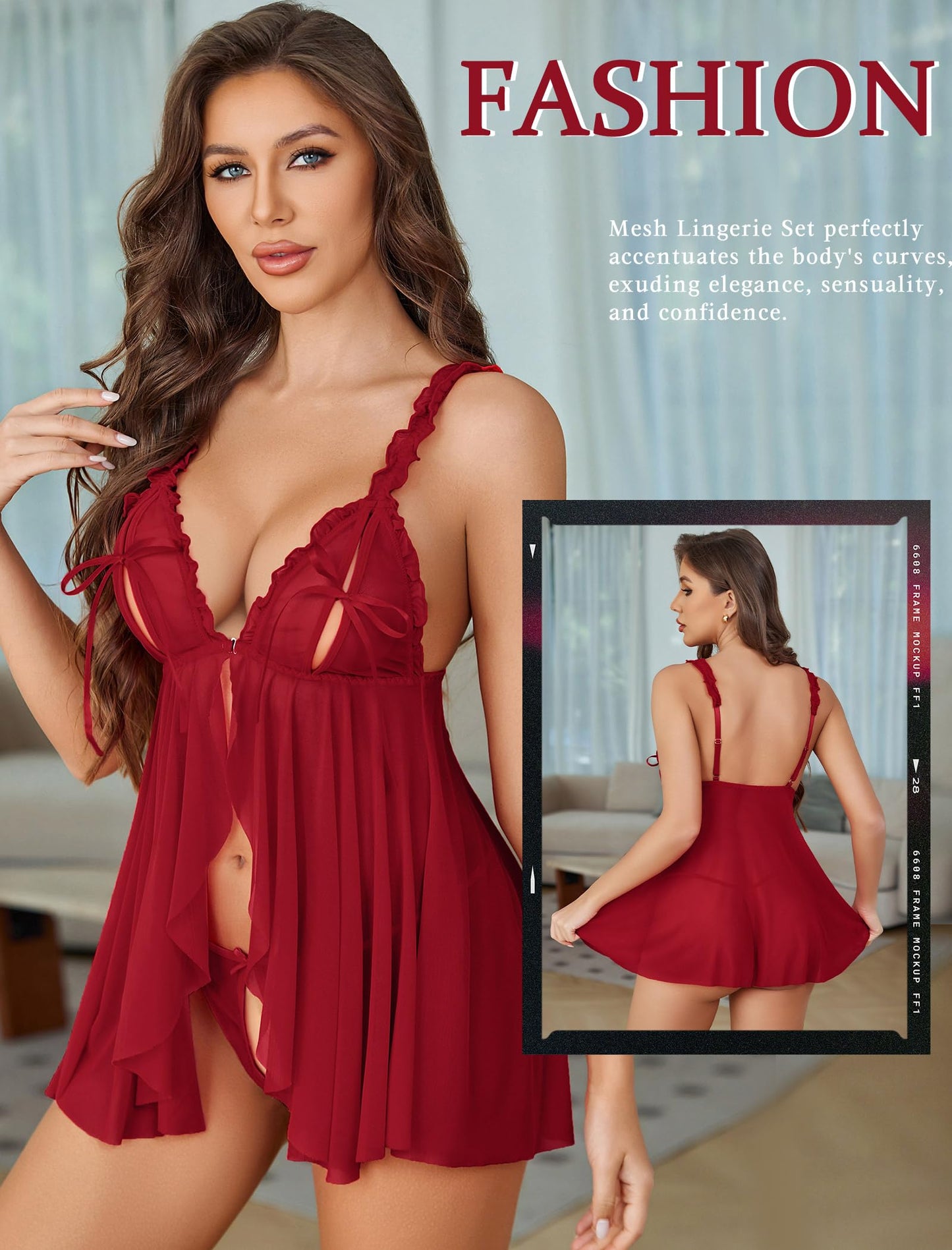 Avidlove Babydoll Lingerie for Women Mesh Sheer Nighty Ruffle Slip Dress V Neck Sleepwear with Thong(Burgundy,Medium)