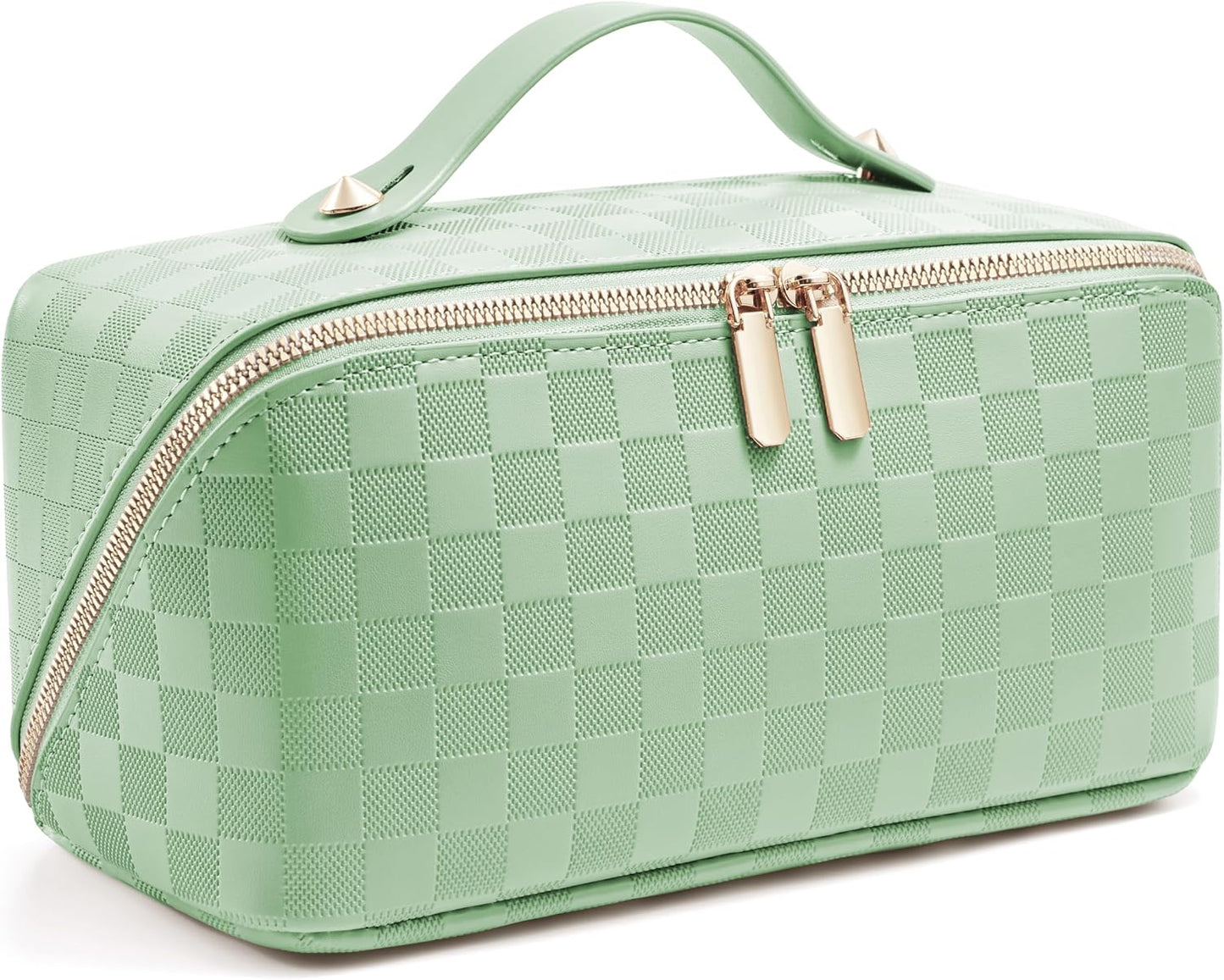 Travel Cosmetic Bag - Large Capacity Waterproof PU Leather Makeup Organizer with Dividers & Handle | Checkered Design