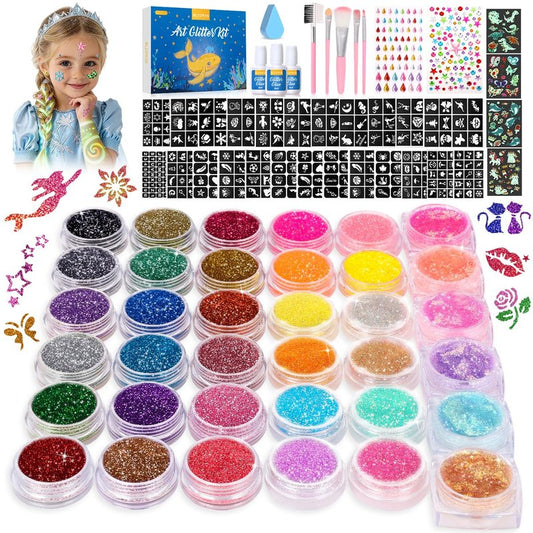 Bledras Temporary Glitter Tattoo Kids, 36 Colors Arts Glitter Make Up Kit, 6 Colors Glow in The Dark Glitter Gel, Skin-Friendly Body Art Set for Birthday, Christmas Party Gifts for Girls & Boys