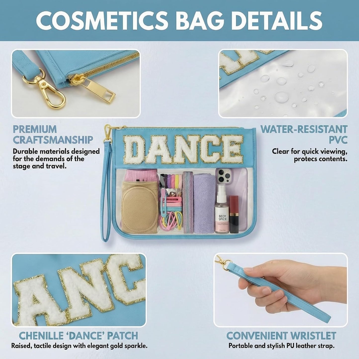Dance Bag | Chenille Letter Clear Cosmetic Bag for Dancers - Essential Makeup Organizer for Girls & Women