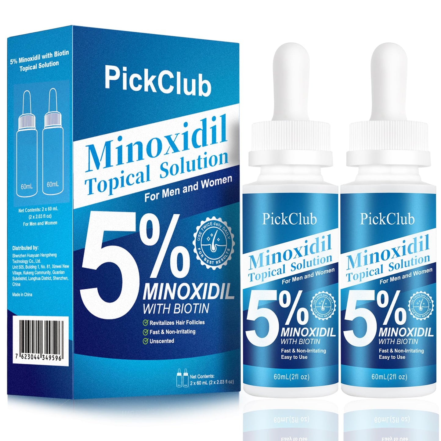 Pickclub 5% Minoxidil with Biotin for Men and Women – Hair and Beard Regrowth Serum, Unisex, Gentle, 2-Pack (Total 4.06 fl oz)