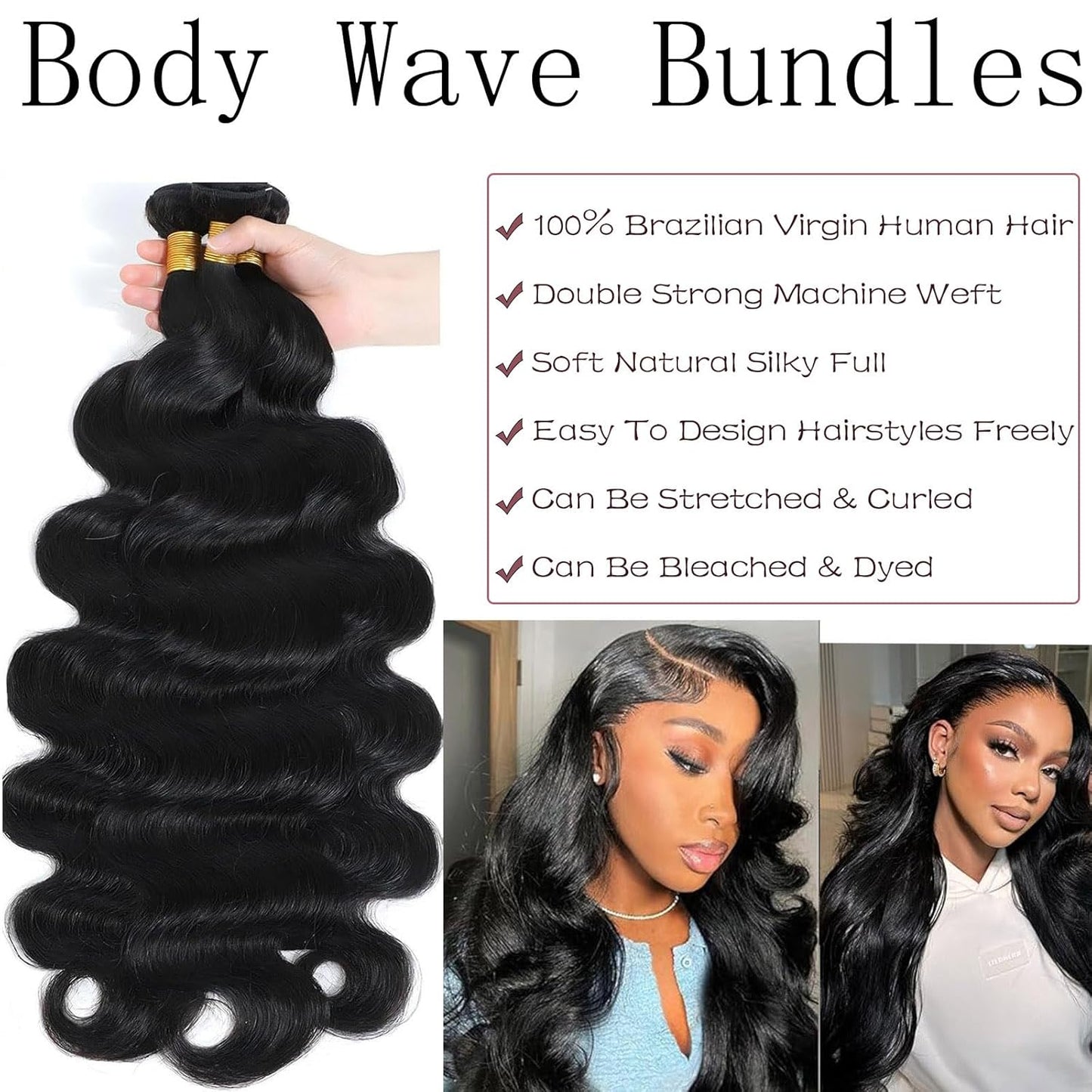 Body Wave Human Hair Bundles - 12A Unprocessed Brazilian Virgin Hair | 20, 22, 24 Inch for Black Women