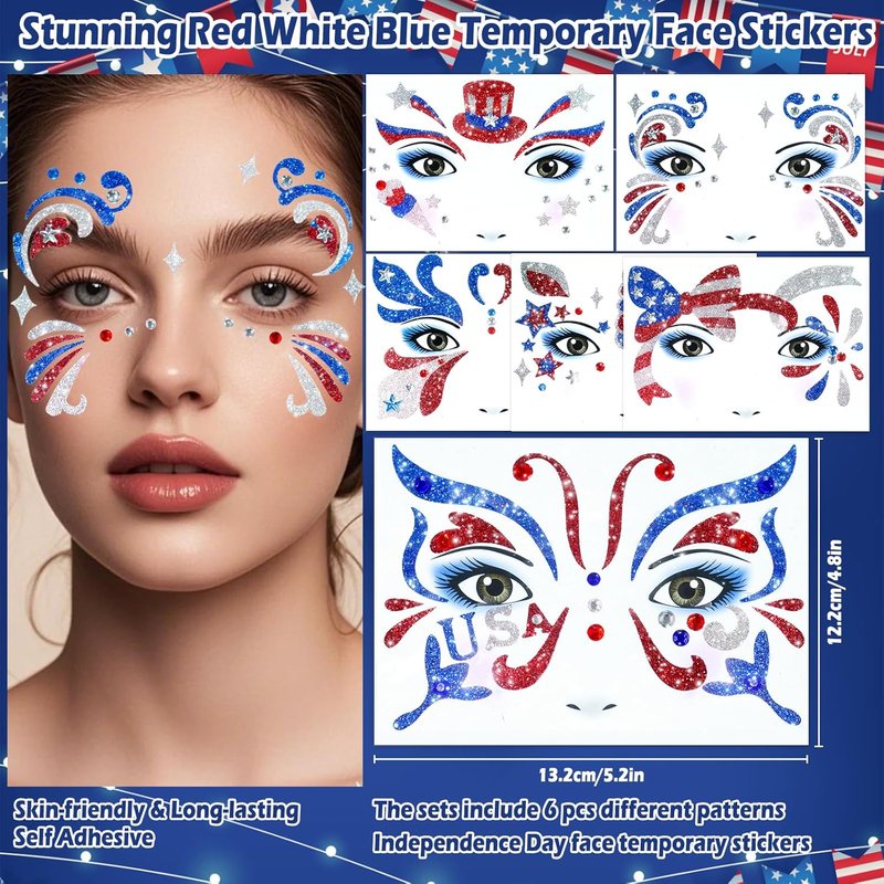Independence Day Temporary Tattoos - 6Pcs Red, White & Blue Glitter Face Stickers | Self-Adhesive Star Art for 4th of July