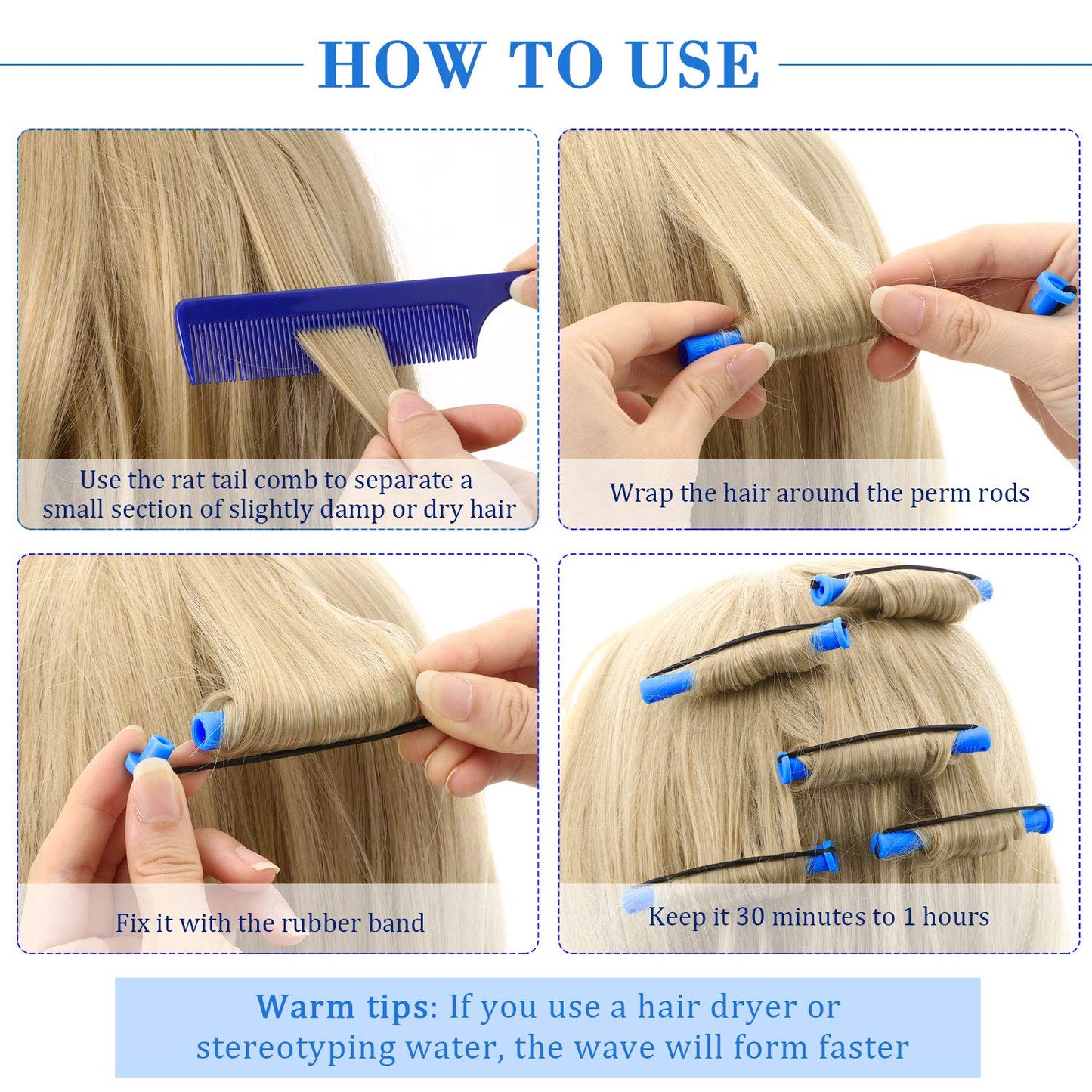 Hair Perm Rods - 96 Pcs Plastic Cold Wave Curlers for Short & Long Hair | Heatless Roller with 2 Steel Pintail Combs (0.35 Inch, Blue)