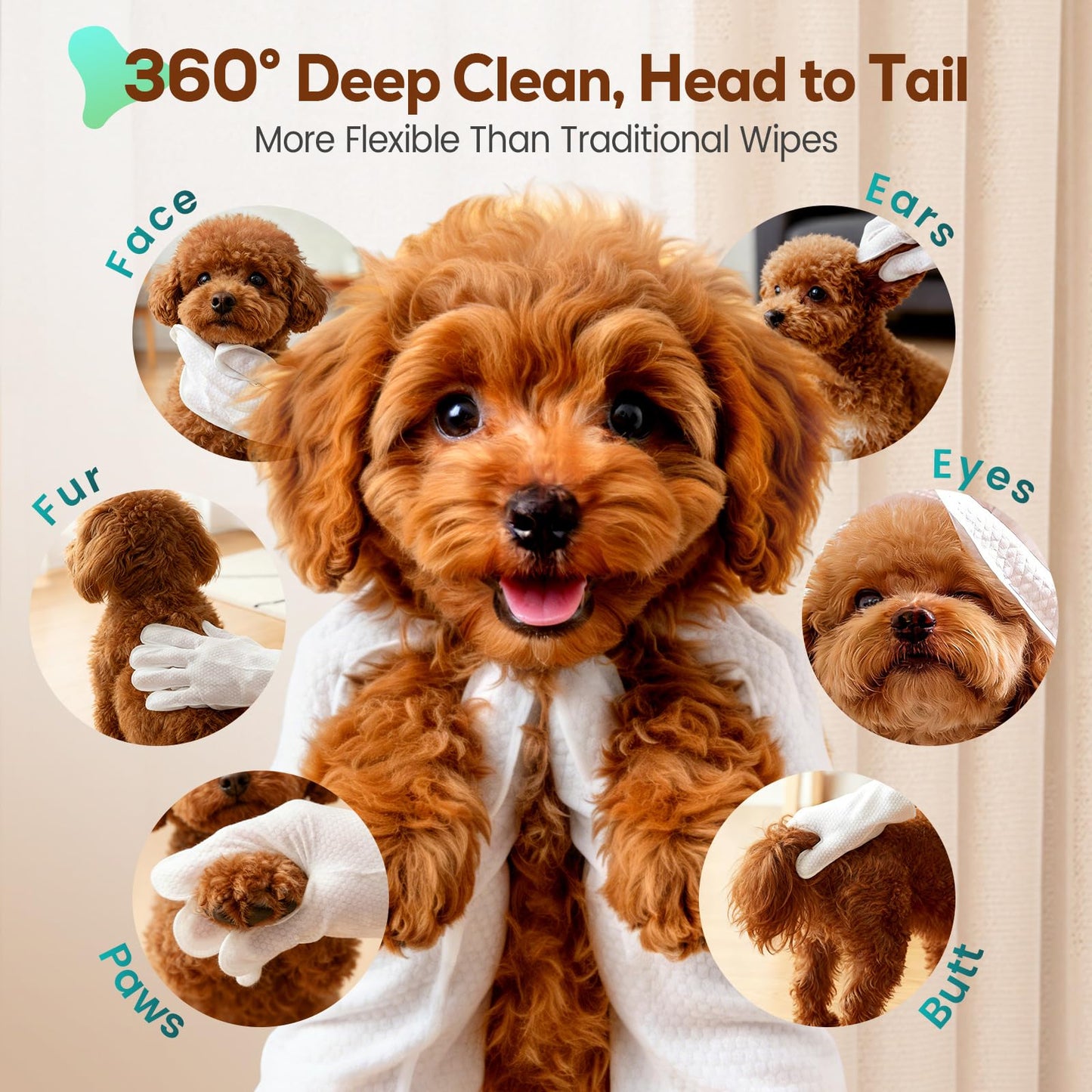 Cupofpet Pet Glove Wipes for Dogs and Cats, No-Rinse Dog Cleaning Gloves, Unscented Thick Glove Wipes for Waterless Cleaning, Daily Care & Travel, 30 Count