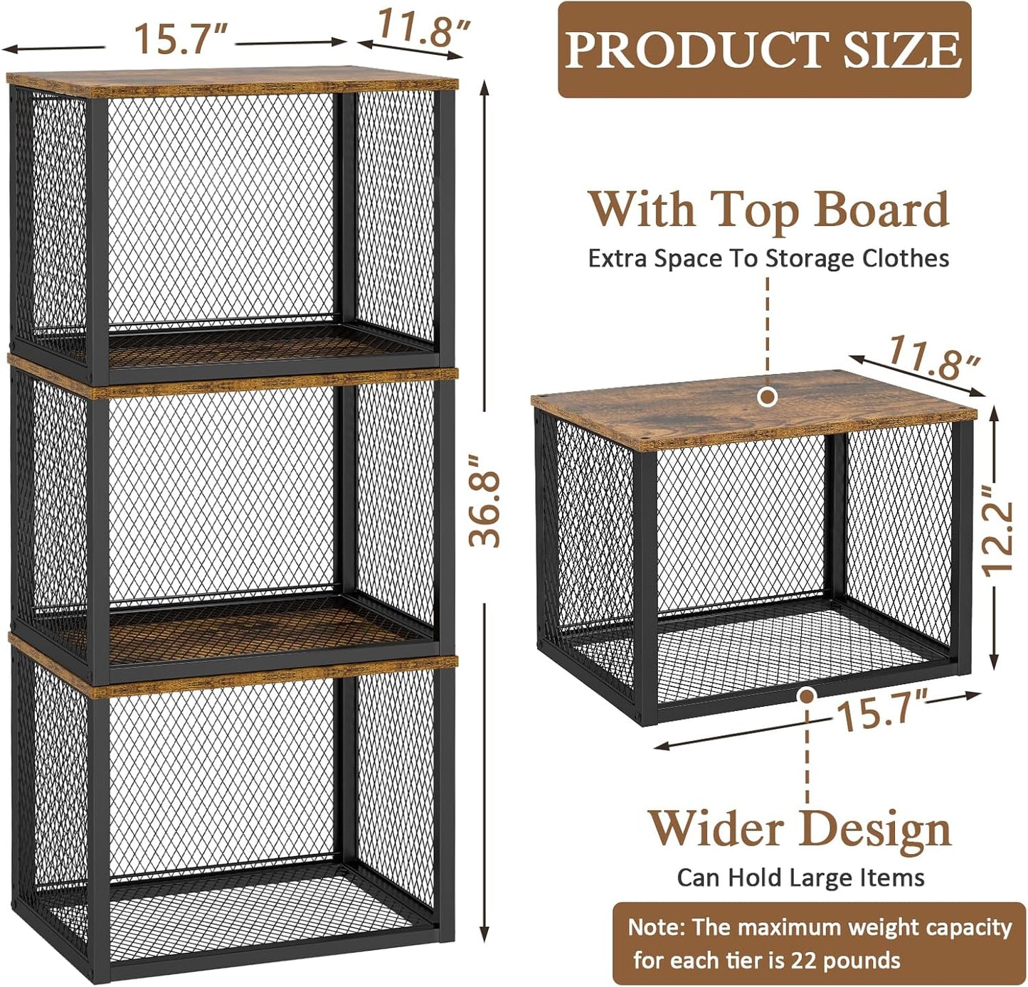 Stackable Closet Organizers - Multifunctional Storage Baskets with Wood Top | 3 Pack, Black