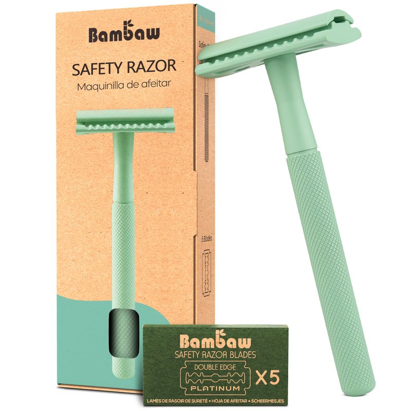 Bambaw Single Blade Razors for Women and Men with 5 Double Edge Safety Razor Blades, Stainless Double Edge Razor, Eco Friendly Razor, Reusable & Plastic Free - Mint Green