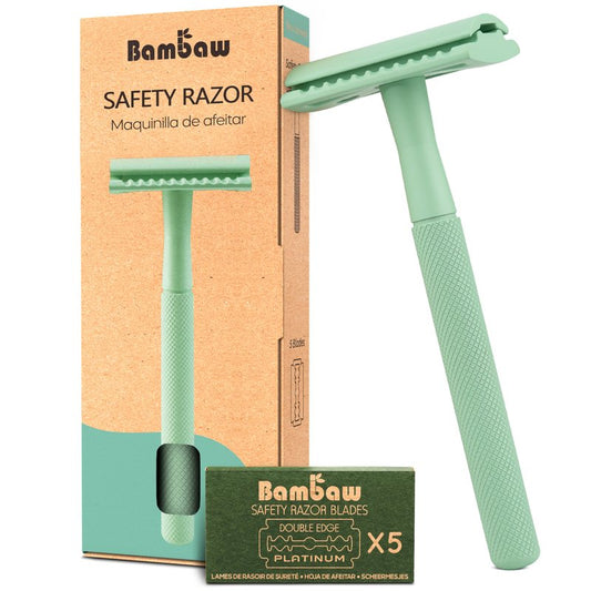 Bambaw Single Blade Razors for Women and Men with 5 Double Edge Safety Razor Blades, Stainless Double Edge Razor, Eco Friendly Razor, Reusable & Plastic Free - Mint Green