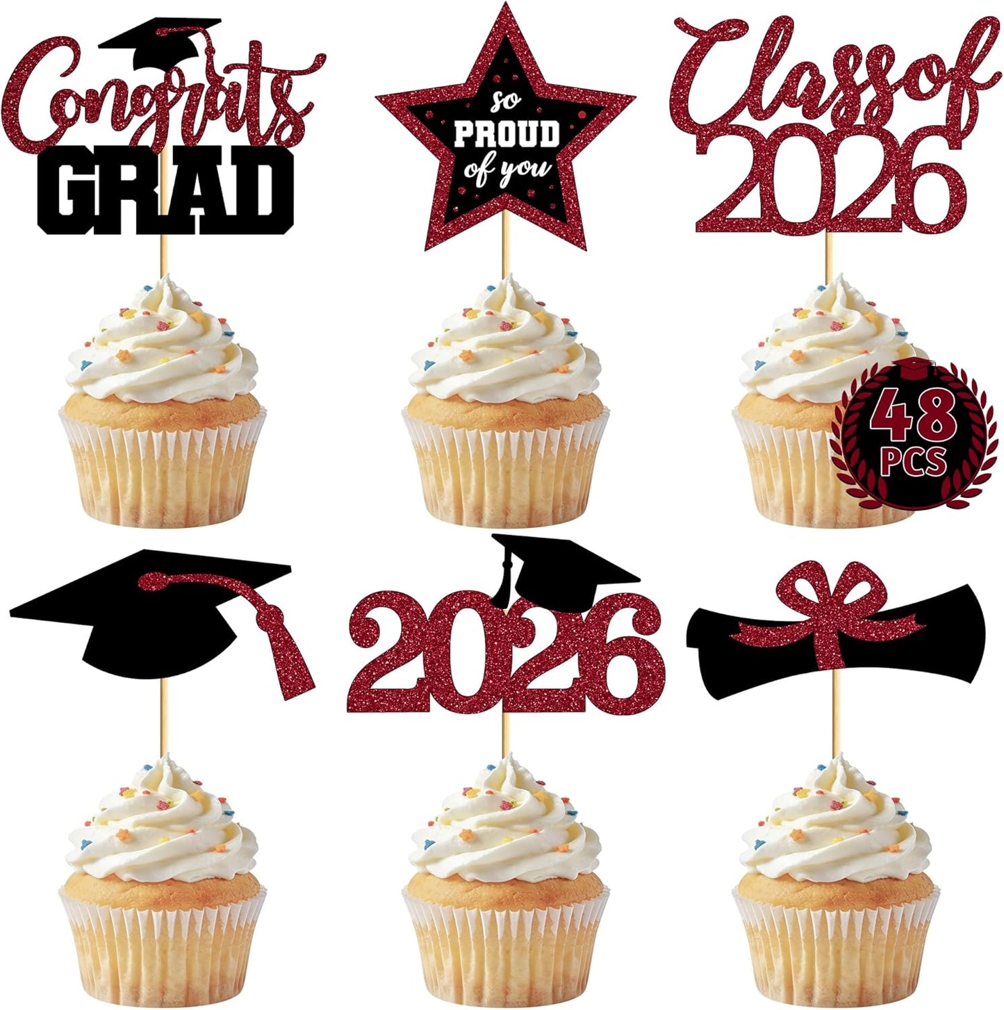 Graduation Cupcake Toppers - 48 PCS Black & Gold Congrats Grad Decorations | Glittery Cap & Diploma Picks for 2026 Party