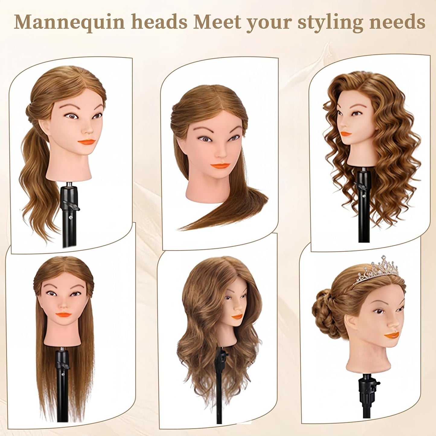 Real Hair Mannequin Head - 18” Brown Cosmetology Training Doll with Clamp & Styling Tools