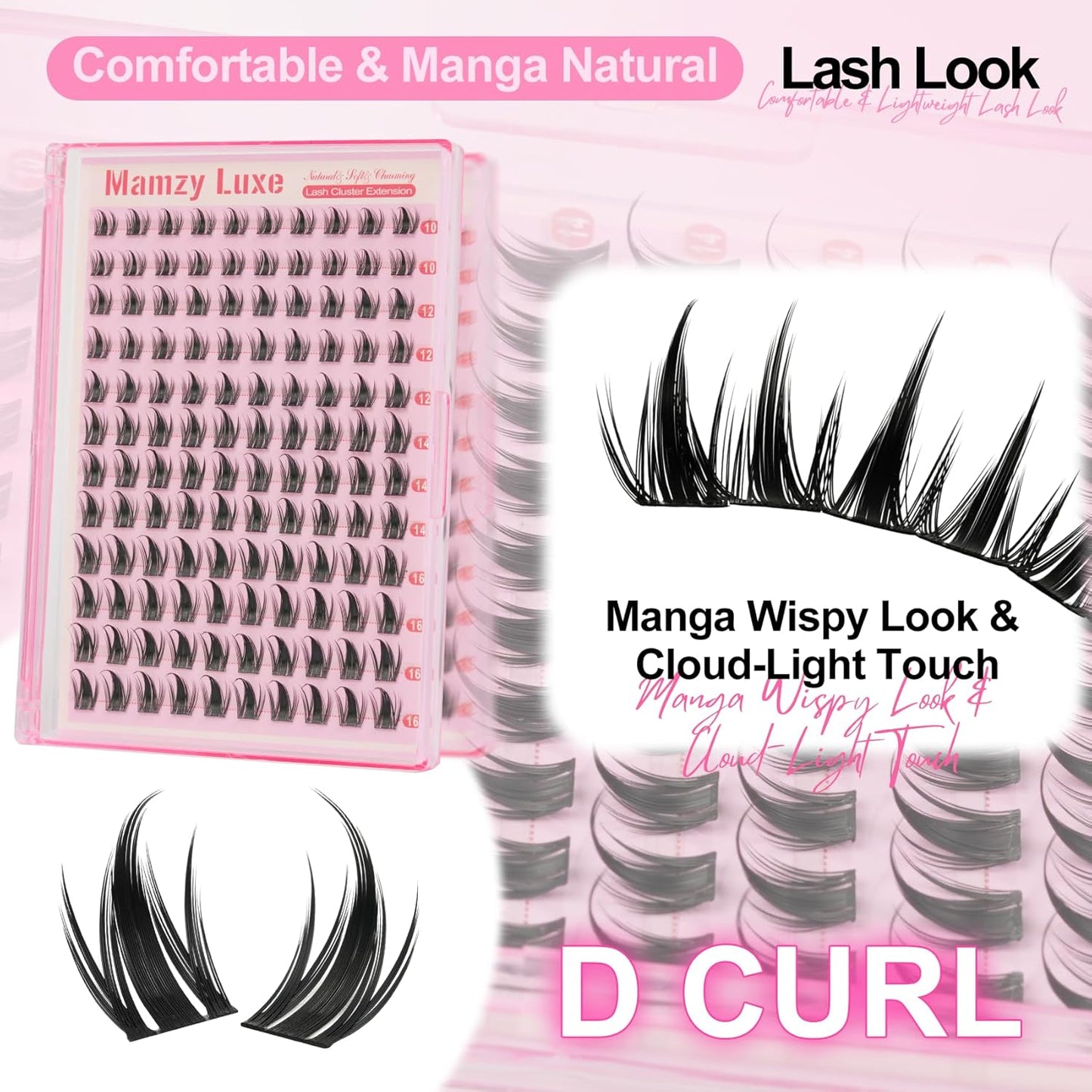 Manga Lash Clusters Kit - Wispy CC-Curly Individual Lashes 10-16MM | DIY Natural Eyelash Extensions with Bond & Tweezers