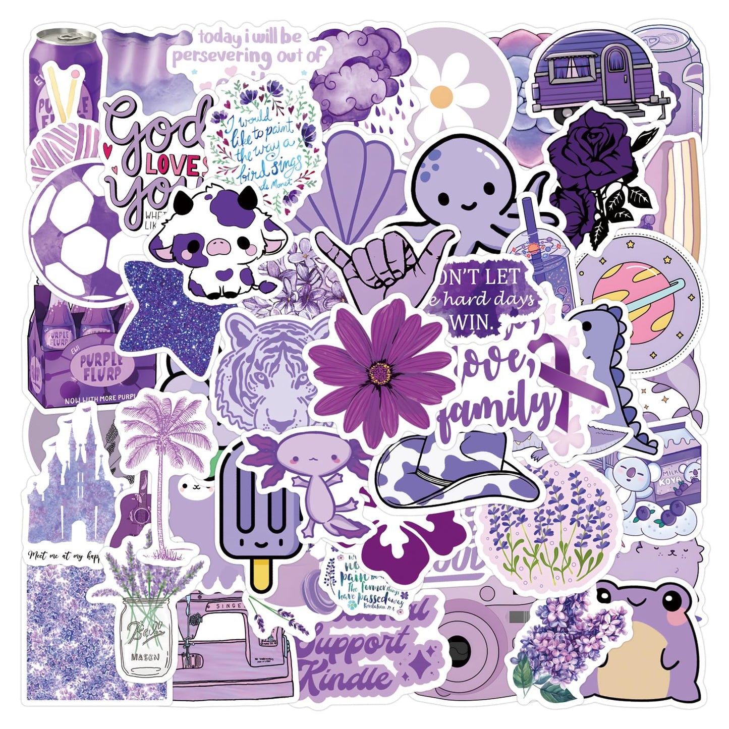 60Pcs Purple Stickers, Cute Aesthetic Purple Graffiti Stickers for Women Girls Kids Teens, Waterproof Vinyl Decals for Laptop Water Bottles Scrapbook Journal Notebook Diary Luggage Party Favors