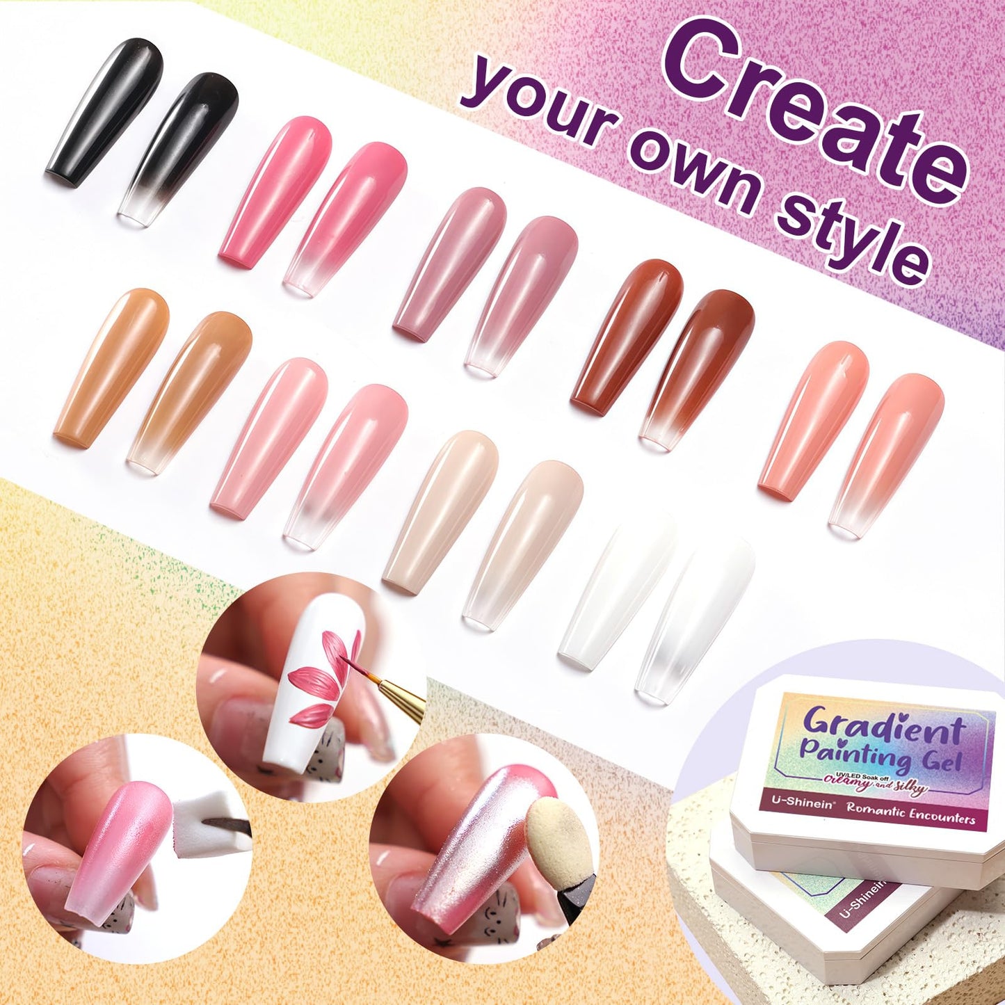 U-Shinein Gradient Painting Gel, 9 Colors Ombre Gel Nail Polish Nude Pink Almond Black&White for Pigment Pat Nails Nude Pink Almond Aura Nails, French Manicure DIY Nail Art Nude Rose Chroma