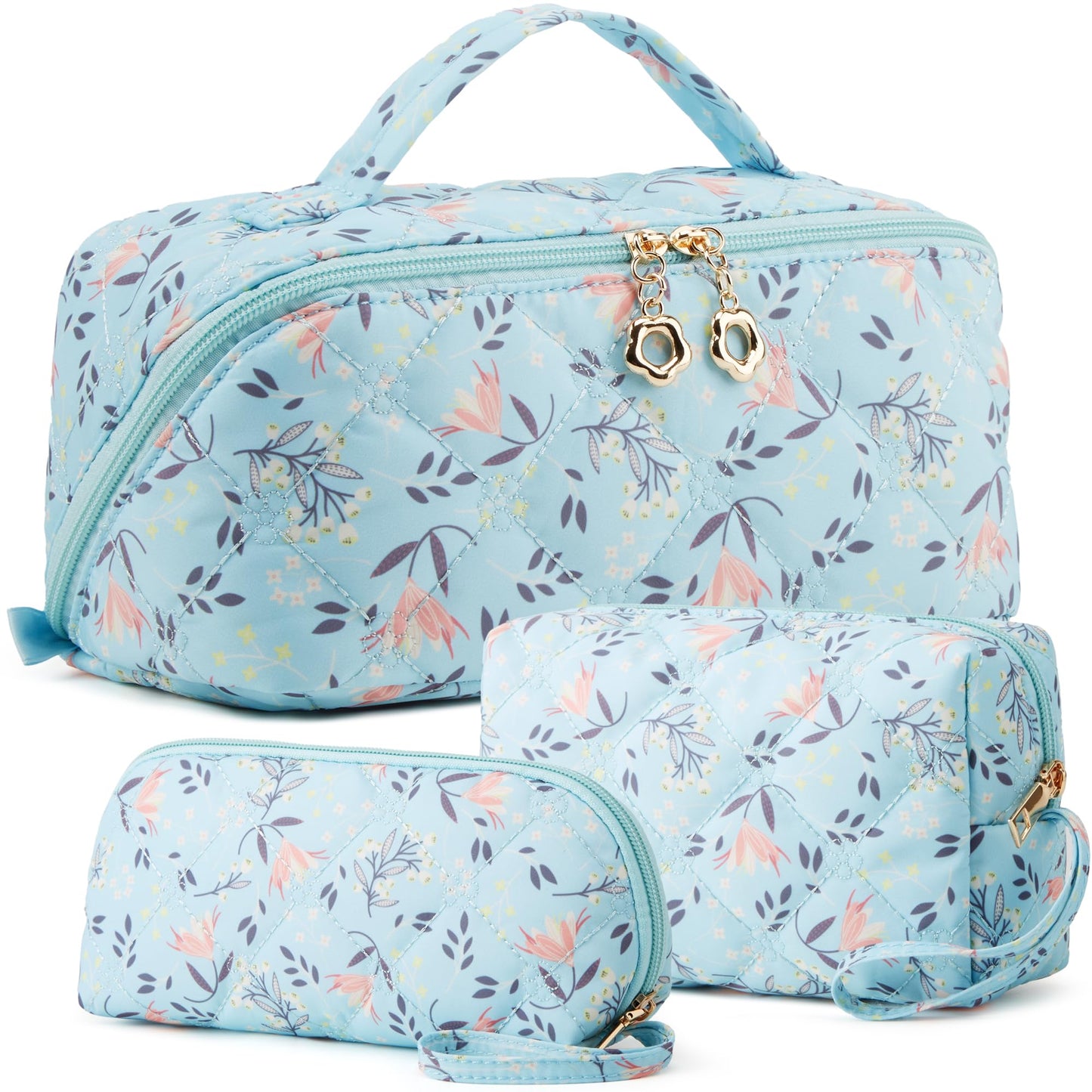 YTL Travel Makeup Bag, Puffer Cosmetic Bag for Women, Waterproof Puffy Padded Make Up Bags, Flat Open Portable Organizer Case Toiletry Bag Pouch Purse for Skincare, Brushes & Travel Essentials