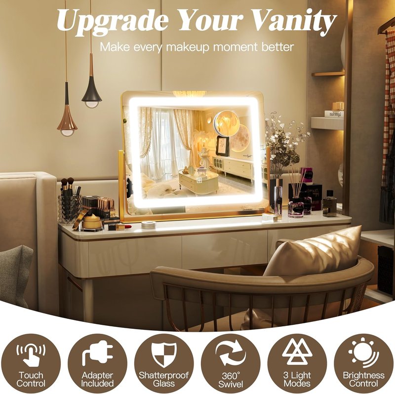 LED Vanity Mirror with Lights - 17" x 22" Lighted Makeup Mirror with 10X Magnification | 3 Color Modes & Dimmable - Gold Finish