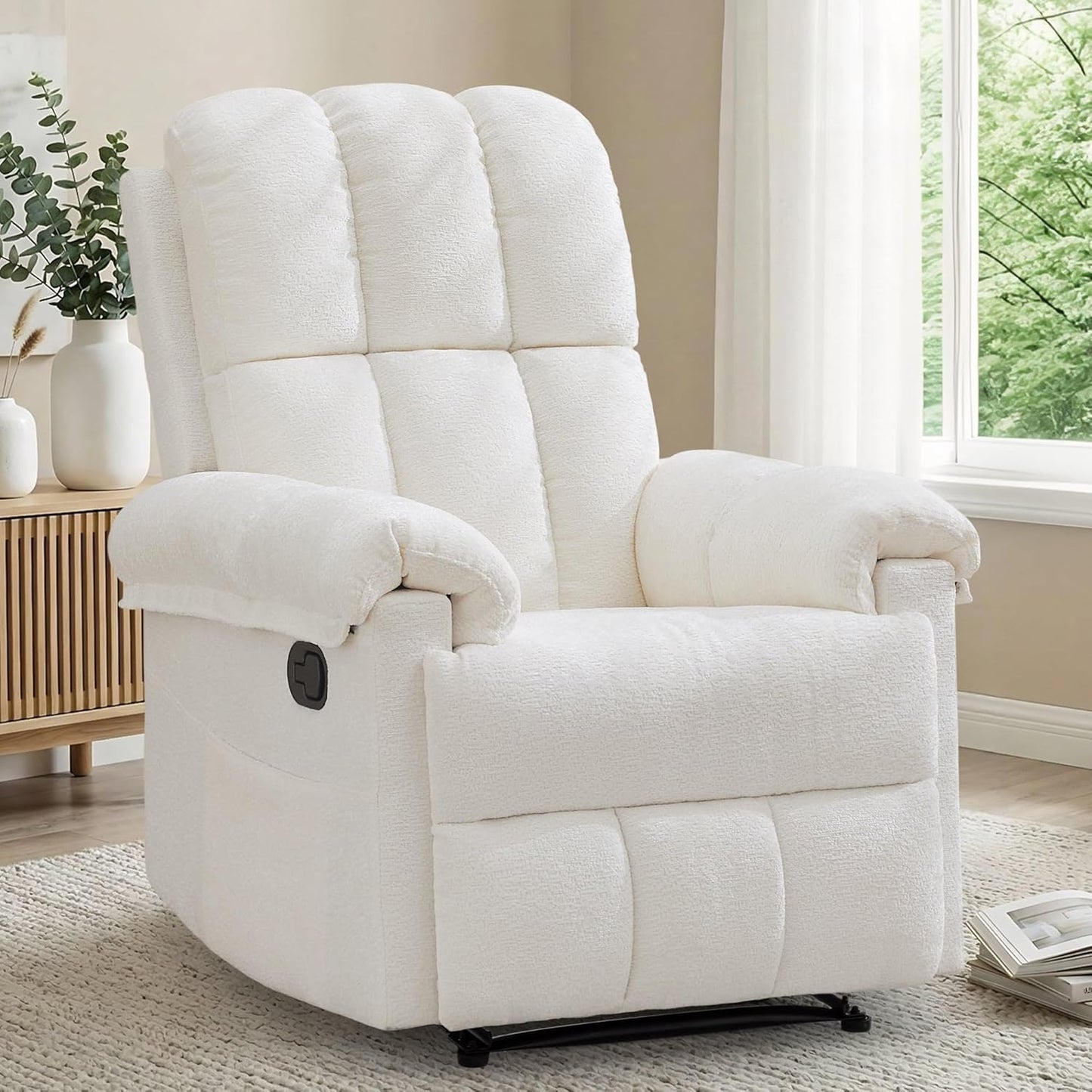 Recliner Chair - Upholstered Manual Recliner for Small Spaces | Modern Chenille Design in Beige with Side Pockets