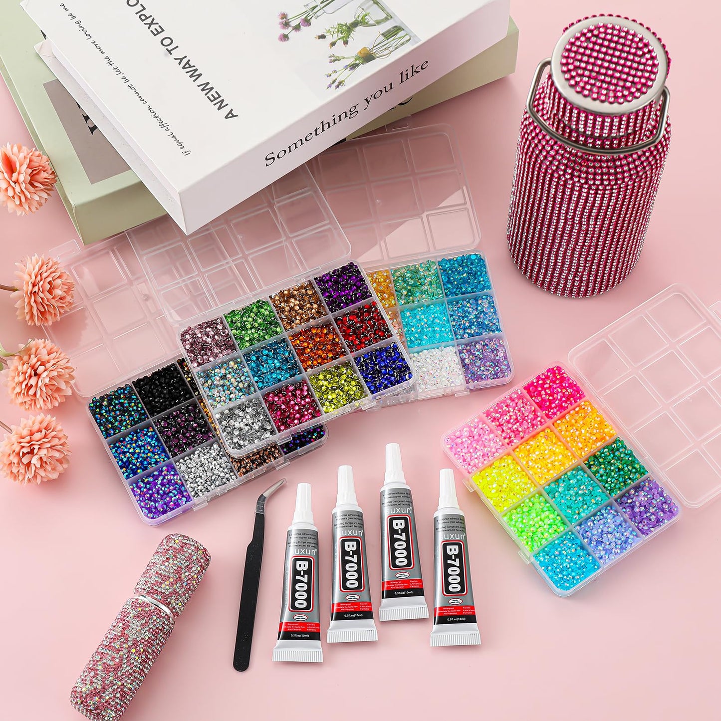UWETIME 32000Pcs Resin Flatback Rhinestones for Bedazzling Kit with 4 Pcs B7000 Glue 3mm Multicolor Bedazzler Kit with Rhinestones and Tools DIY Bedazzling Gems for Crafting Clothing Shoes Cups