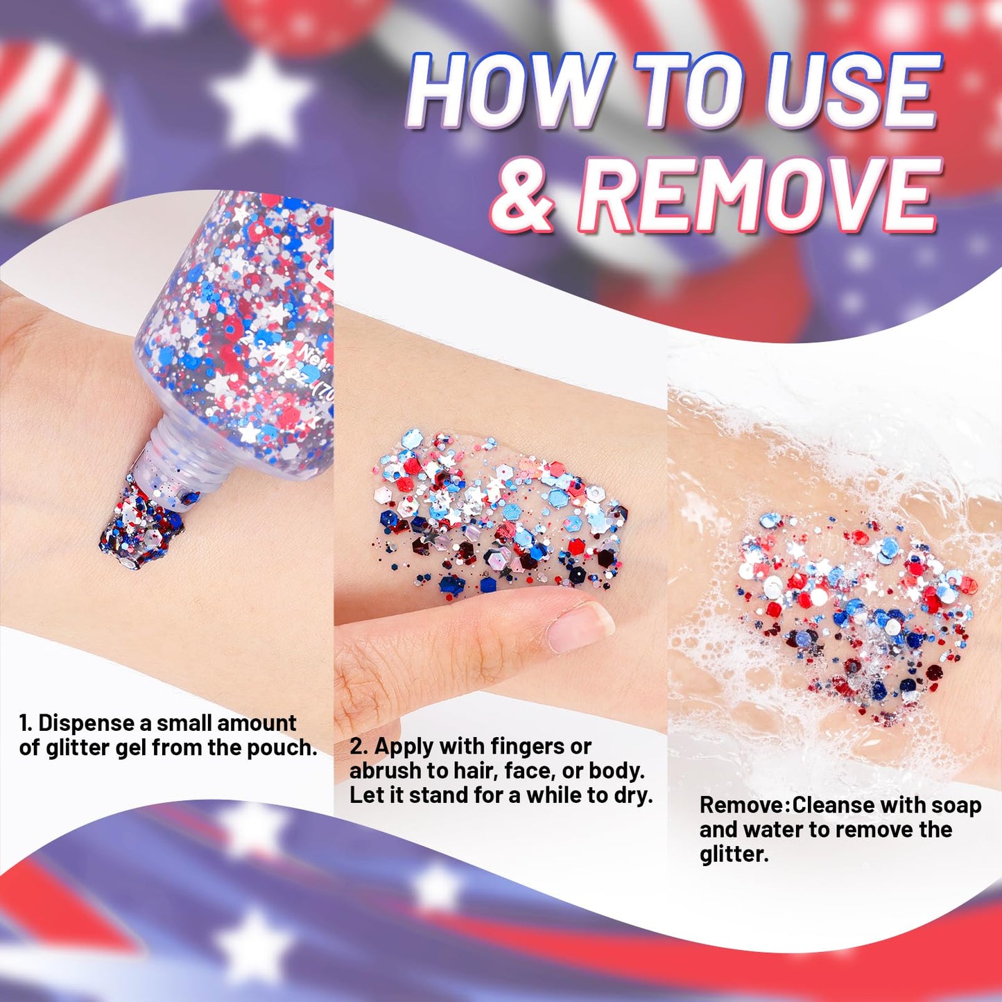 CAHOTO Flag Hexagon Glitter Gel, Red White Blue Hex and White Star, Patriotic Pride USA Flag Sparkling Sequins for Independence Day 4th of July Memorial Day Semiquincentennial 250 Anniversary, 70ml