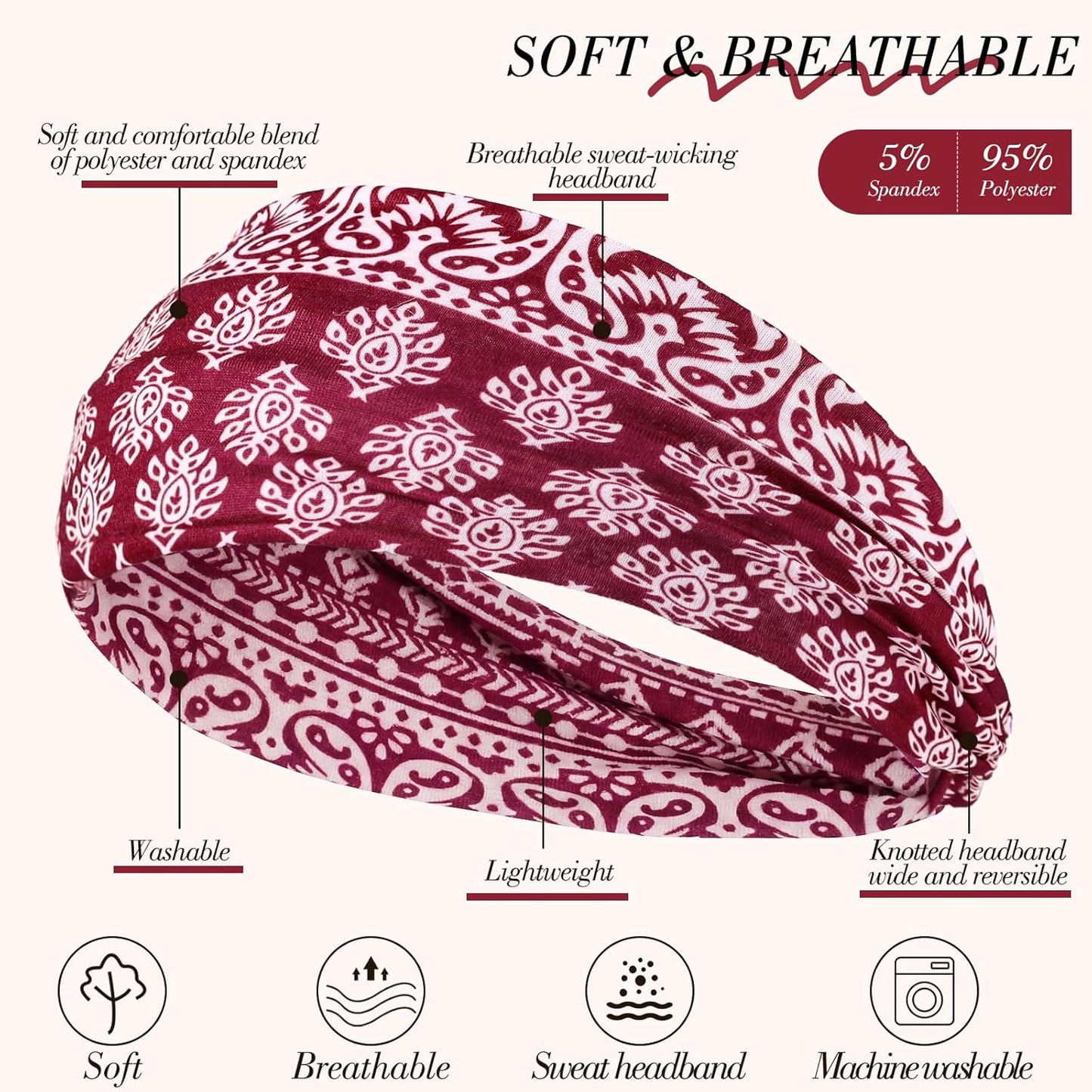 Needbrock Boho Headbands for Women - 8 Pcs Non-Slip Knotted Hair Bands | Soft Stretchy Cloth for Yoga & Daily Wear