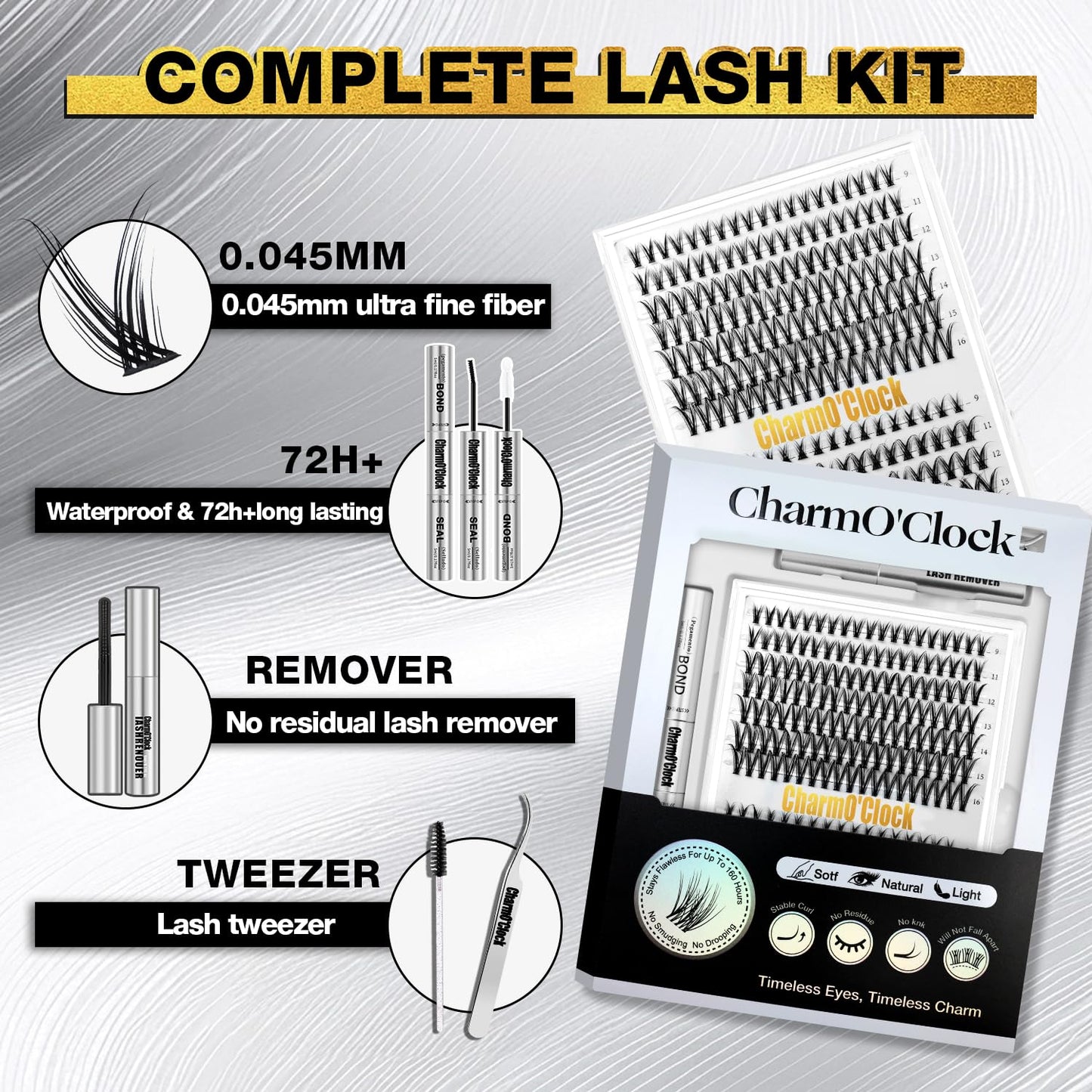 Lash Clusters Kit - 266 Pcs D Curl Wispy Eyelash Extensions with Bond, Seal, Tweezers & Remover | 9-16mm Mix