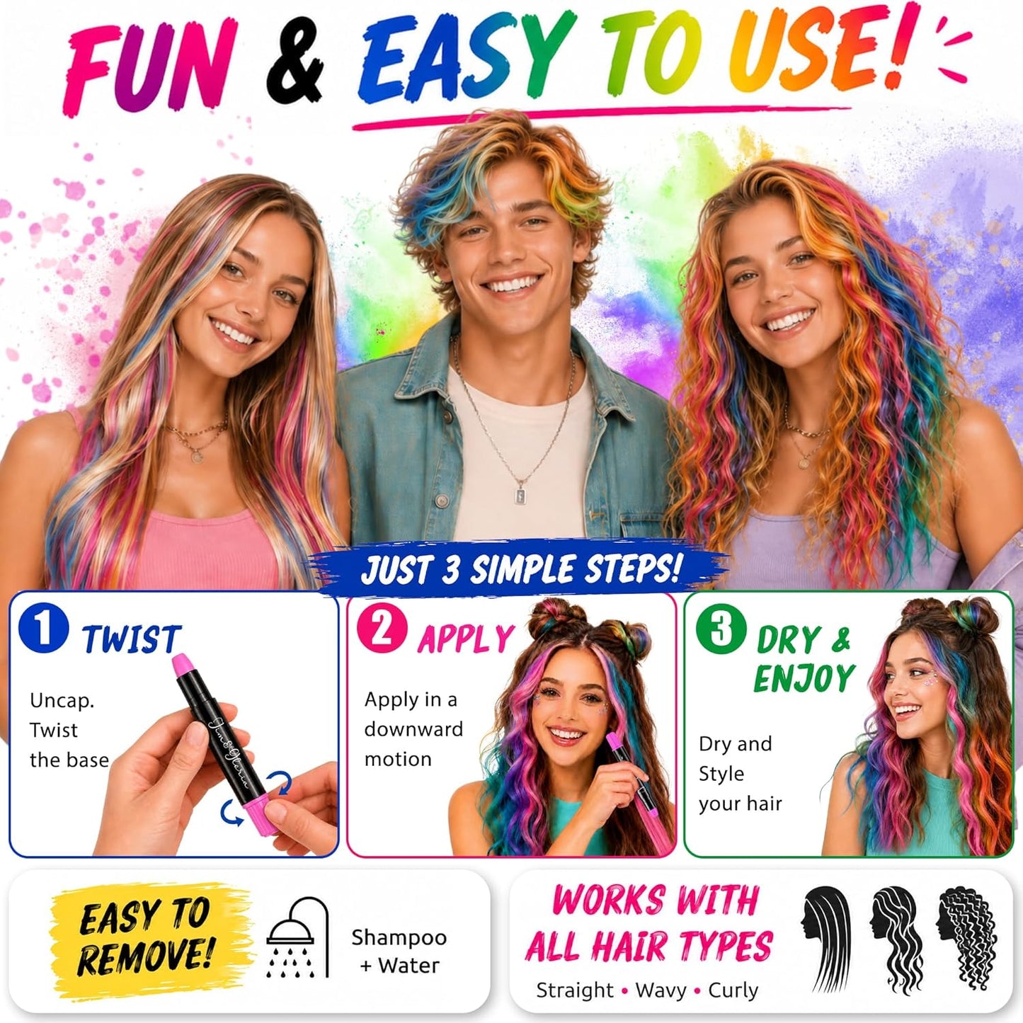 Dustless Hair Chalk for Girls - Washable Temporary Hair Color | Fun Makeup Kit for Teens & Adults