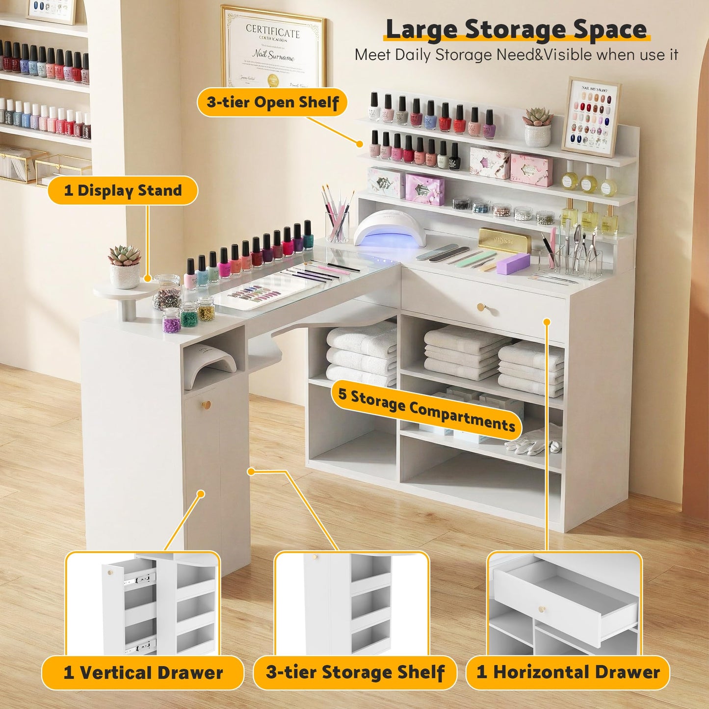 Lavoker 60 inch L-Shaped Nail Desk White Manicure Table