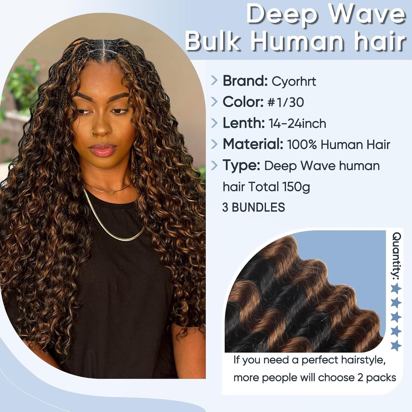 Human Braiding Hair - Ombre Deep Water Wave | 150g 16 Inch Curly Braiding Bundles, 1B/30 Highlights