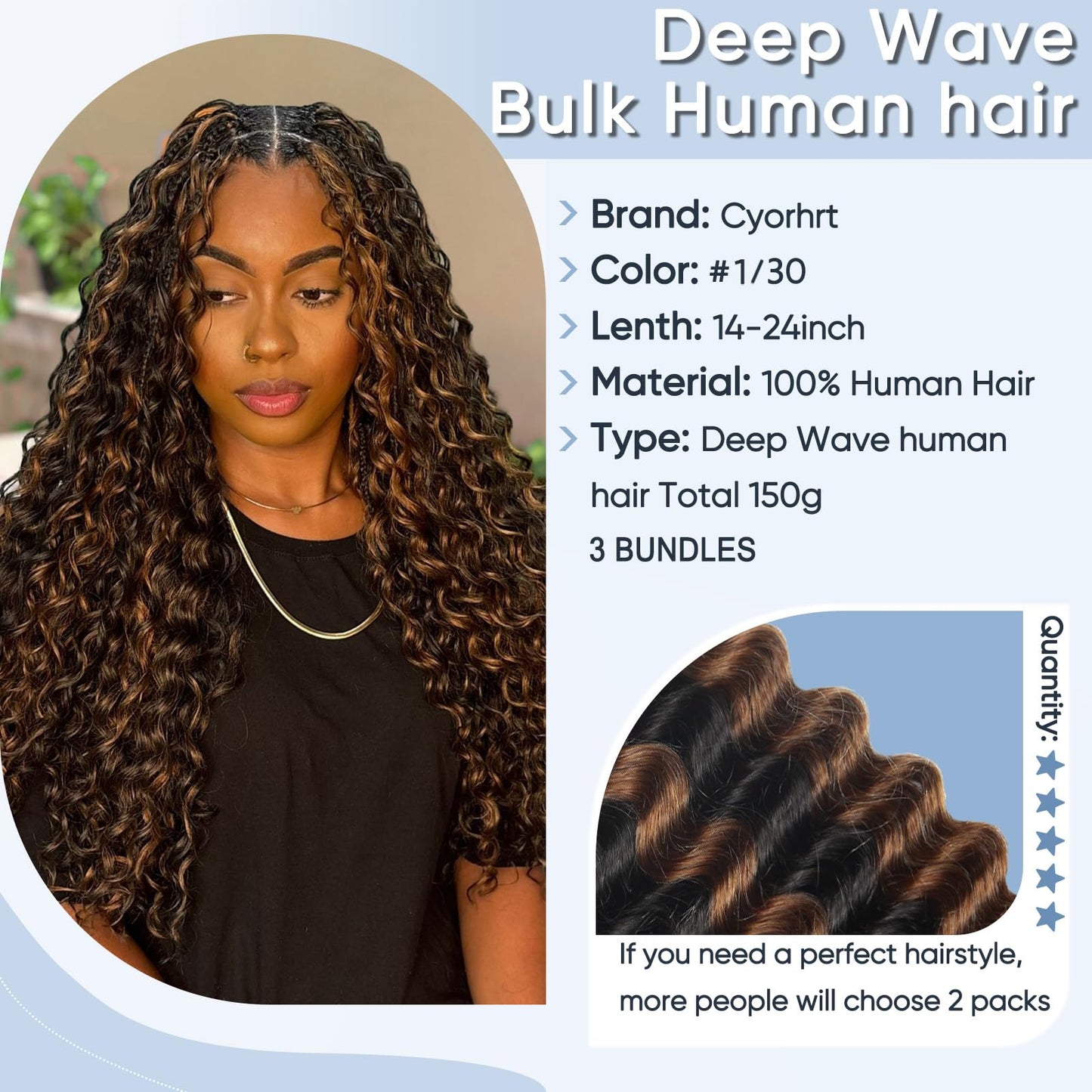 Human Braiding Hair for Boho Braids,150g 16 Inch 3 Bundles Ombre Deep Water Wave Bulk Boho Curly Human Hair Bundle for Braiding,1b/30 Highlight No Weft Wet and Wavy Knotless Braiding Hair Extensions