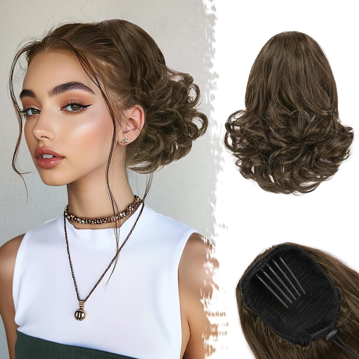 Dark Brown Ponytail Extension - 10 Inch Wavy Drawstring Hairpiece for Women | Synthetic Clip-In Ponytail
