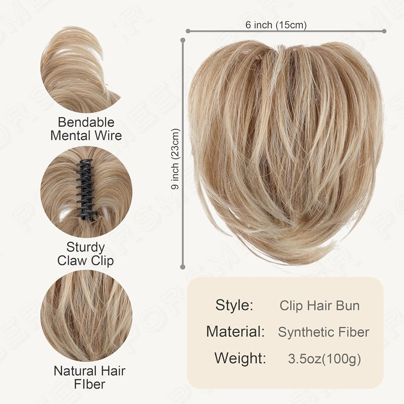 Messy Bun Hair Piece - Claw Clip Short Straight Ponytail Extension | Bendable Synthetic Hair - Deep Blonde with Highlights, 8 Inch