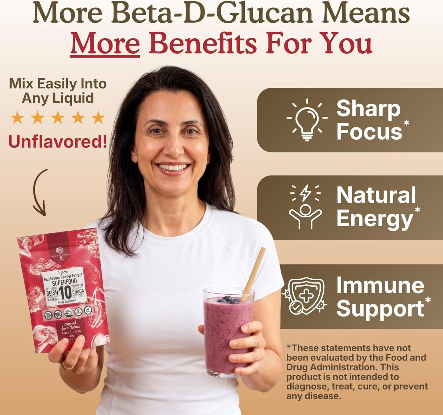 Organic Mushroom Supplement Powder - Focus & Immune Support | 100% Fruiting Body, Lions Mane, Reishi & More - 60 Servings