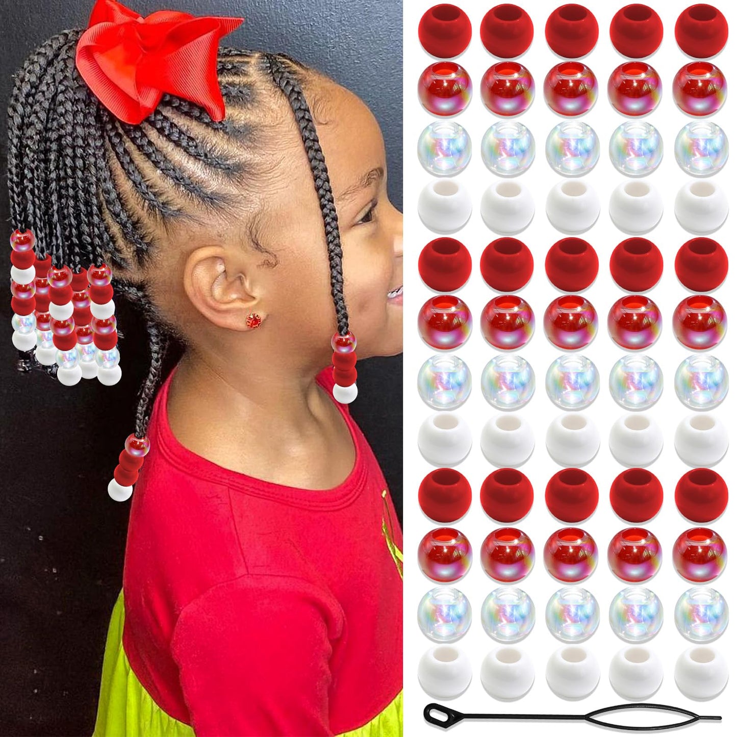 NAISKA 60PCS Valentines Red Hair Beads for Braids AB Color Round Beads for Hair Acrylic Dreadlock Bead Cute Pony Braids Beads Jewelry Valentine's Day Loc Hair Accessories